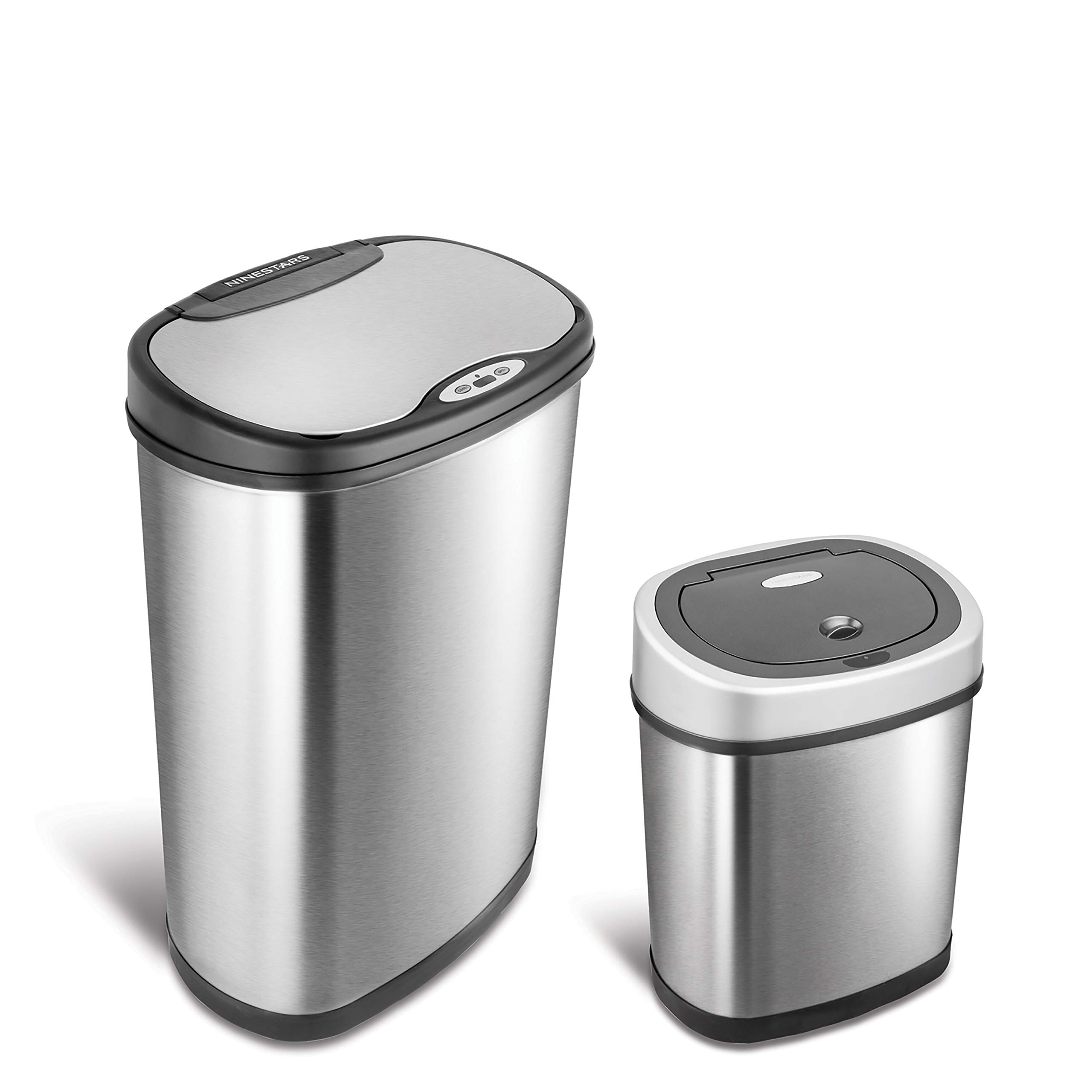 Automatic Touchless Infrared Motion Sensor Trash Can Combo Set - 13 Gal (50L) & 3 Gal (12L) Stainless Steel Waste Bin with Oval Design, Silver/Black Lid - Ideal for Kitchen, Bathroom, Office & Home Use