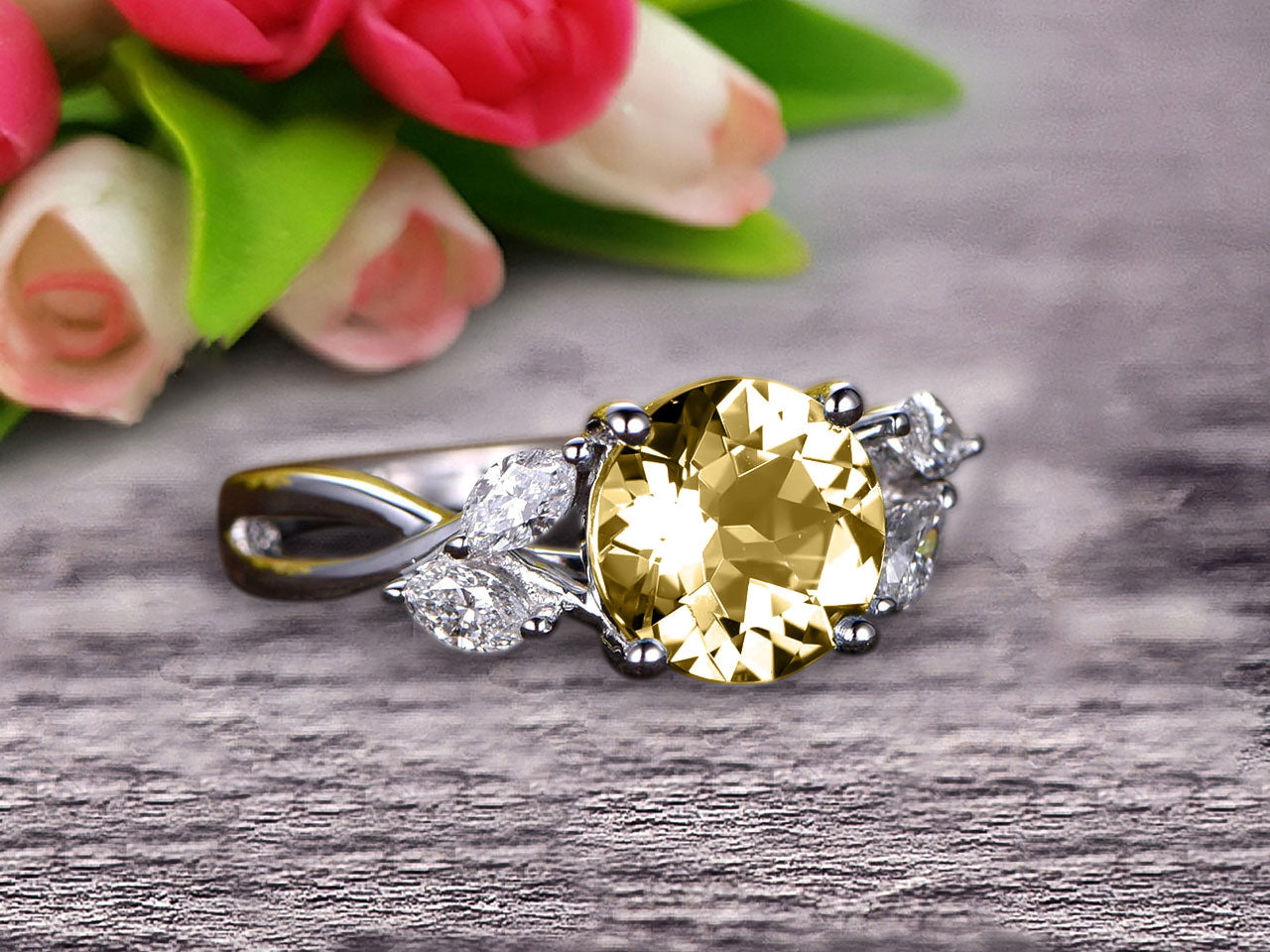 1.25 Carat Round Cut Champagne Diamond Moissanite Engagement Ring in 10k White Gold - Art Deco Marquise Cut Vintage Wedding Band for Brides, Anniversary Gifts & Special Occasions