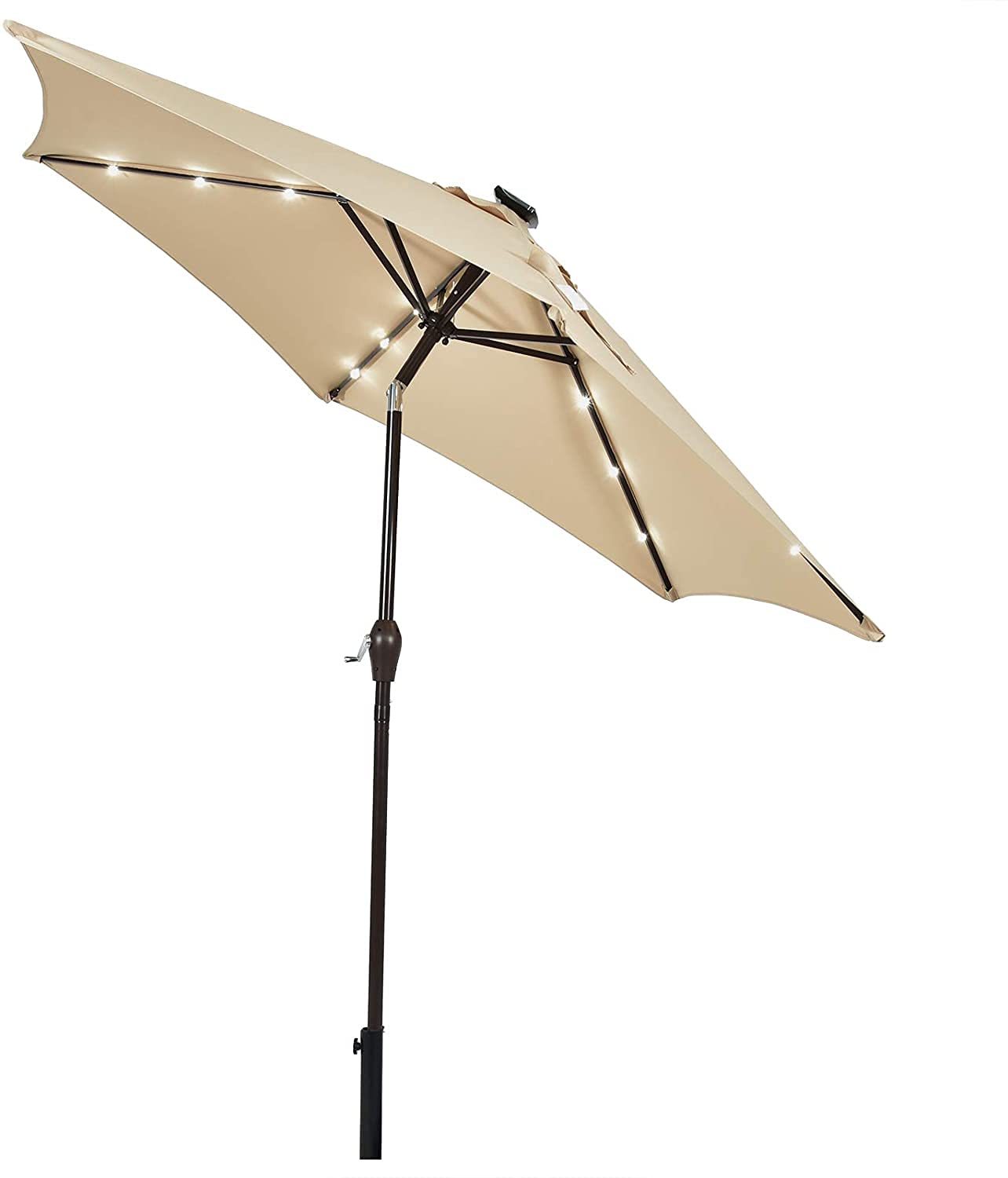 GRAFFY 9FT Solar Powered LED Patio Umbrella with Tilt & 6 Ribs - Waterproof Outdoor Market Umbrella for Backyard, Pool, Garden - Perfect for Dining, Lounging & Outdoor Entertaining