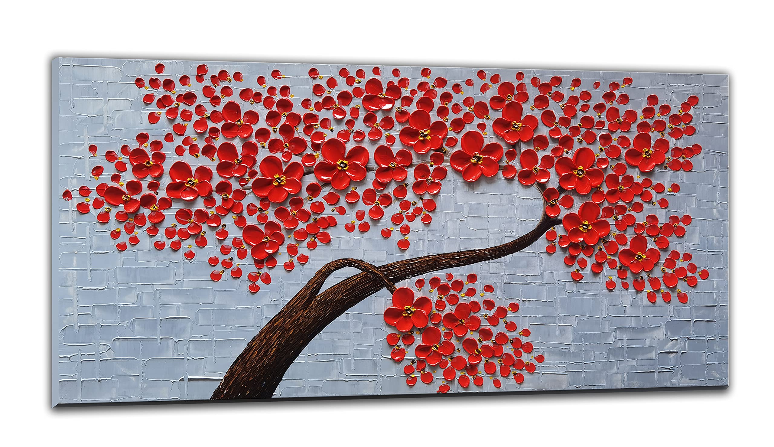 3D Contemporary Abstract Art Oil Painting on Canvas - Red Flower Tree Palette Knife Texture Wall Art - Modern Home Decor for Living Room - Ready to Hang 24x48 Inch - Perfect for Accent Walls & Office Decor