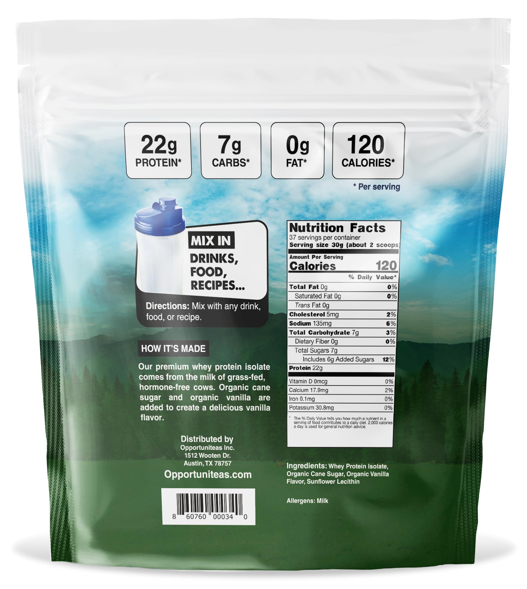Grass Fed Vanilla Whey Protein Isolate Powder - 22g Protein Per Serving, No Artificial Sweeteners, Hormone-Free, Non-GMO, 5lb for Post-Workout Recovery & Muscle Building