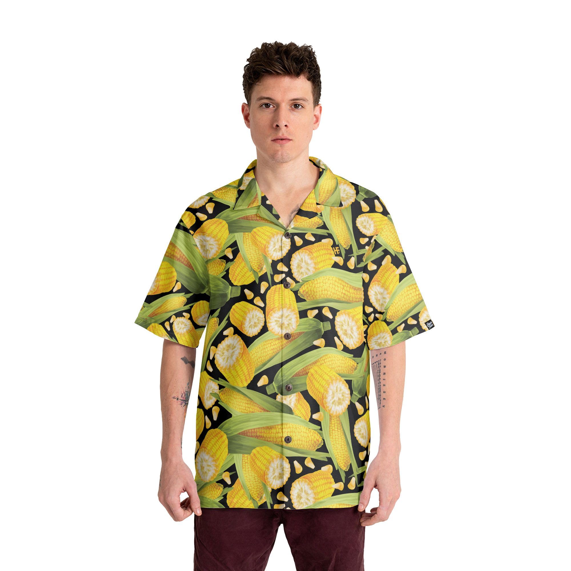 HYPERFAVOR Corn Print Hawaiian Shirt for Men & Women - Short Sleeve Corn on Cob T-Shirt - Fun Corn Lover Gift for Summer Parties, BBQ & Tropical Vacations