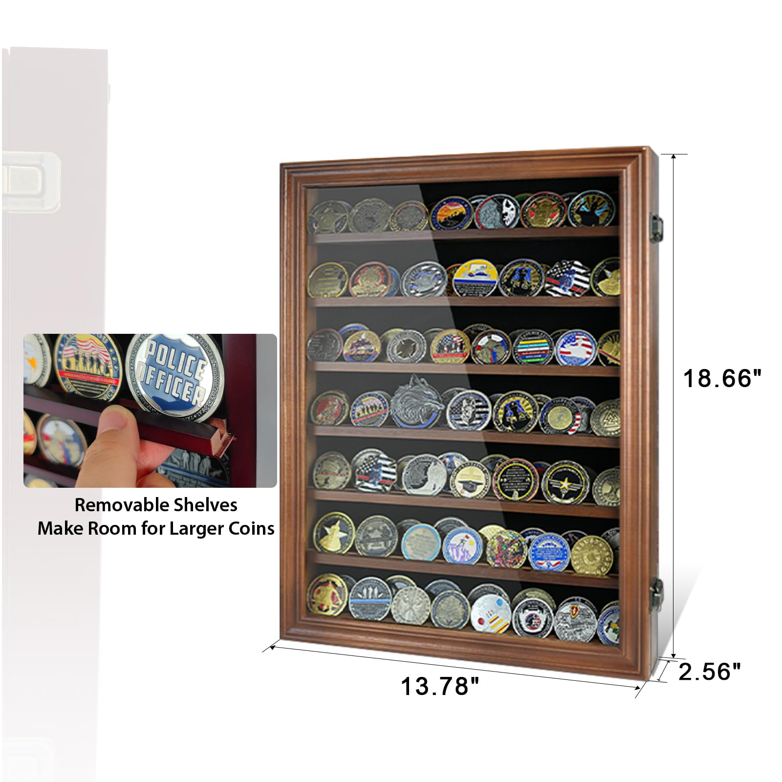 7 Rows Challenge Coin Holder Display Cabinet - Wall Mount with HD Tempered Glass, Holds 100 Coins - Solid Wood Military Medal Shadow Box & Poker Chip Display Case with Removable Shelves (Walnut) - Perfect for Collectors, Military Memorabilia & Game Room Decor