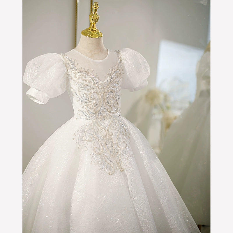 Princess Round Floor Length Tulle Flower Girl Dress in White - Perfect for Weddings, Pageants & Special Occasions