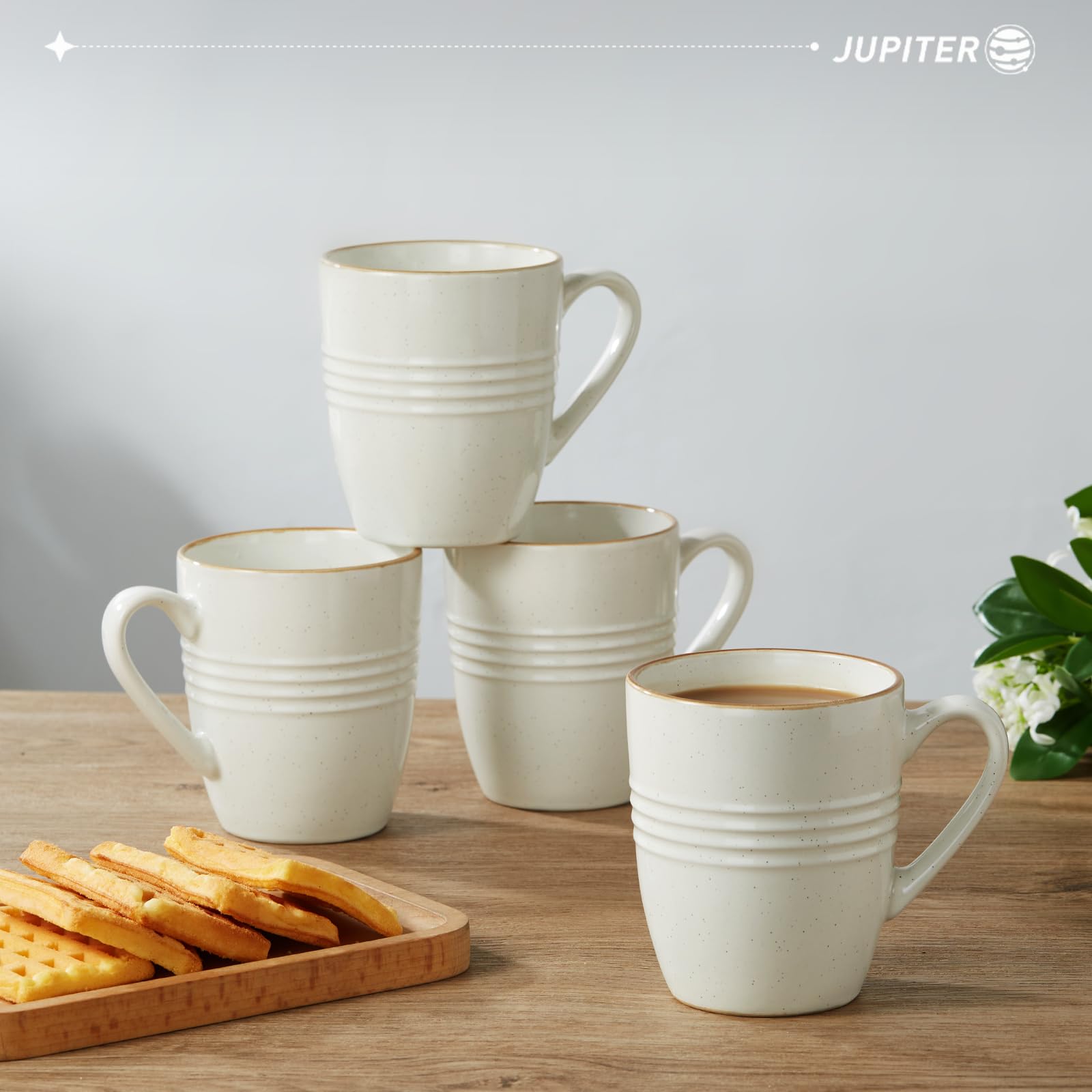 Famiware Jupiter Coffee Mugs Set of 4 - 14oz Ceramic Mugs, Microwave & Dishwasher Safe - White Coffee Cups with Handle for Coffee, Tea, Cocoa, Milk - Perfect for Home, Office, Restaurant & Gifts