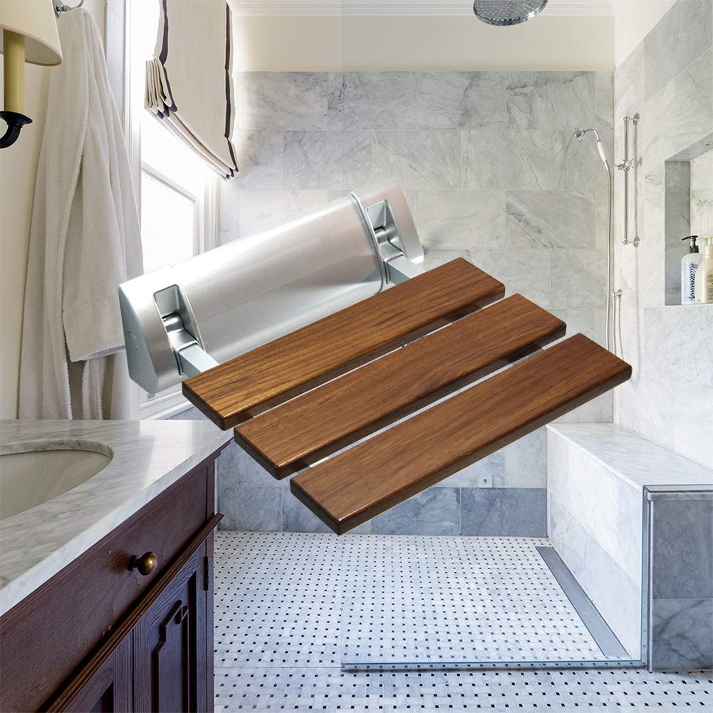 Foldable Teak Wood Shower Seat - Wall Mounted Bathroom Bench with 350lb Capacity - Space Saving Collapsible Shower Chair for Elderly & Disabled - Perfect for Small Bathrooms, Bathtubs and Tight Spaces