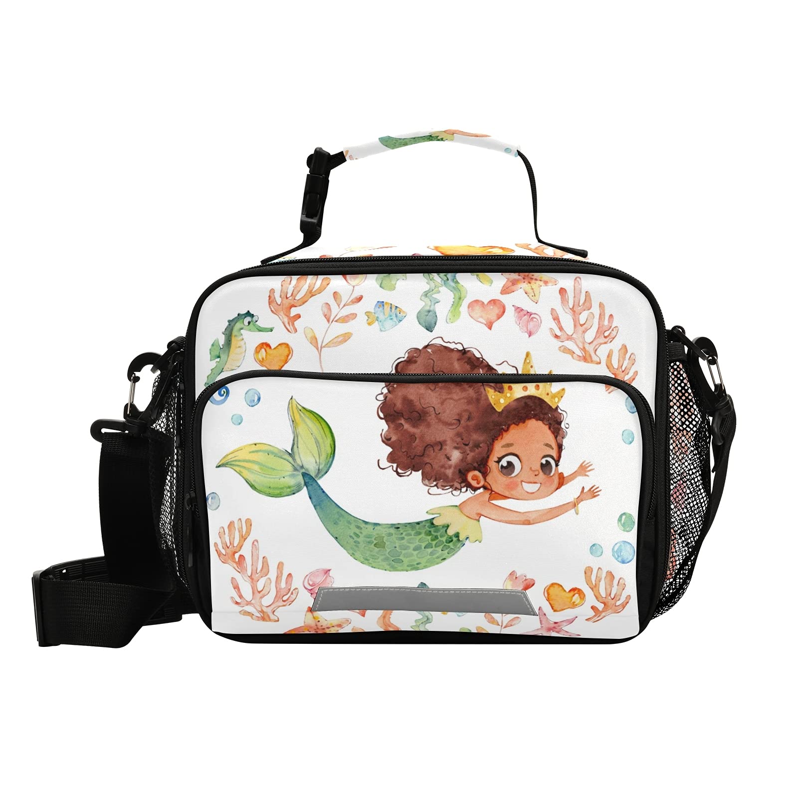 Stylish African American Girl Mermaid Starfish Coral Insulated Lunch Bag - Reusable Cooler Tote for Women & Men with Adjustable Shoulder Strap - Perfect for School, Office, Picnic, Beach & Travel