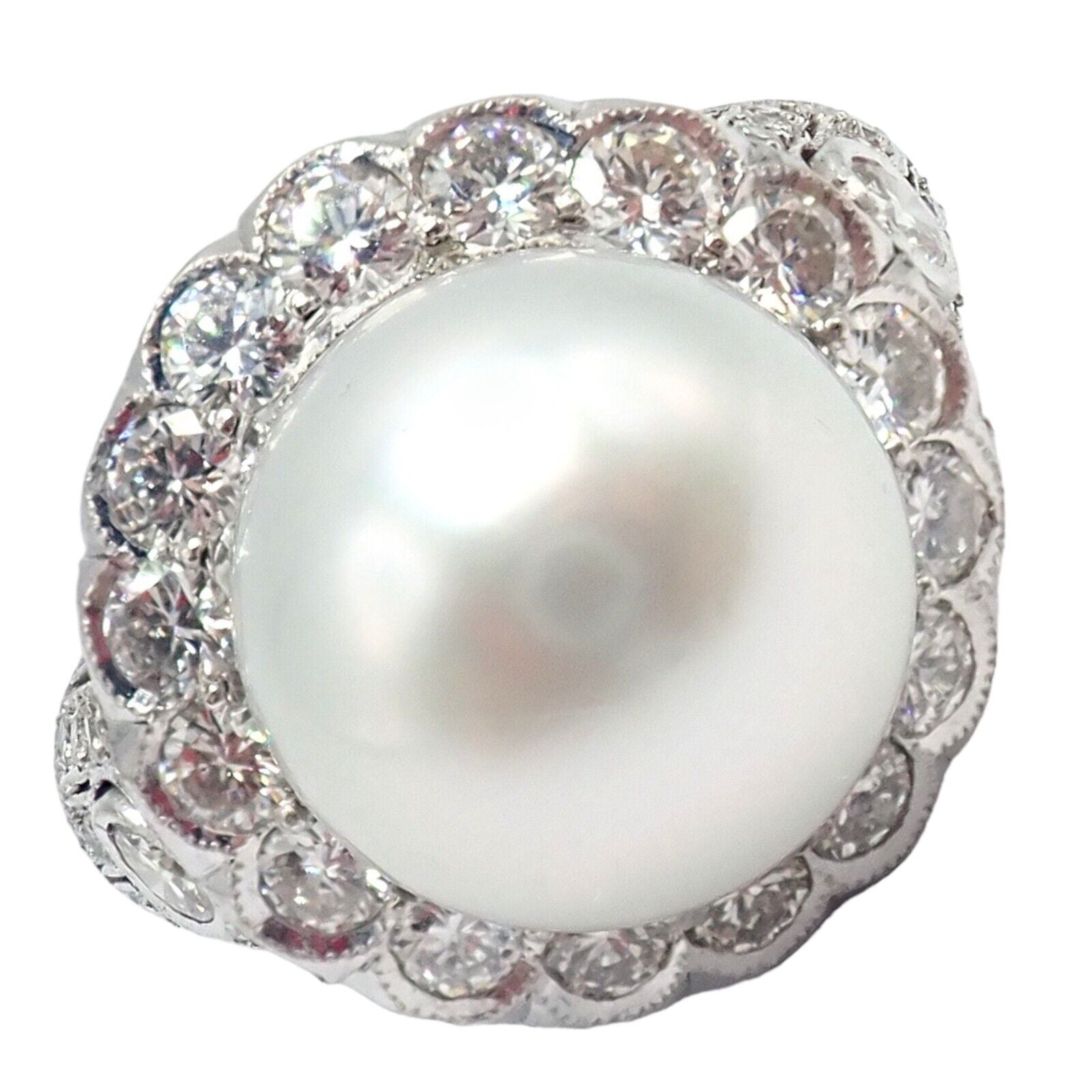 Vintage 18k White Gold Diamond & 12.5mm Pearl Cocktail Ring for Women - Elegant Bridal, Anniversary, or Evening Party Jewelry Gift