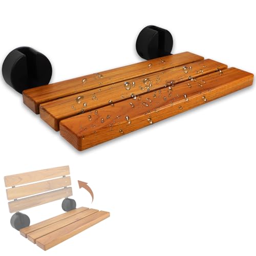 New Black Matte 20'' Folding Teak Shower Seat Wall Mounted