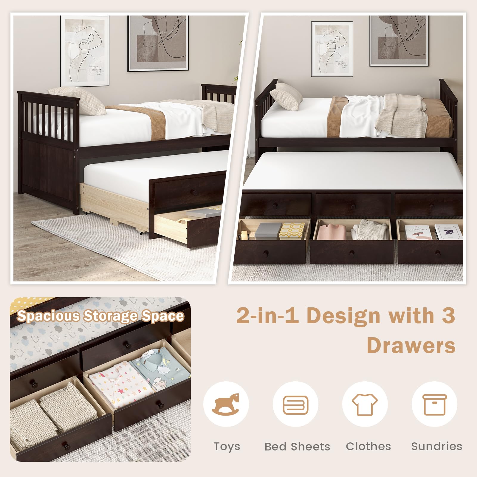 DORTALA Twin Size Trundle Bed with Storage Drawers - Wooden Daybed Frame for Boys, Girls & Adults - No Box Spring Needed - Modern Espresso Captains Bed - Perfect for Bedroom, Guest Room & Small Spaces