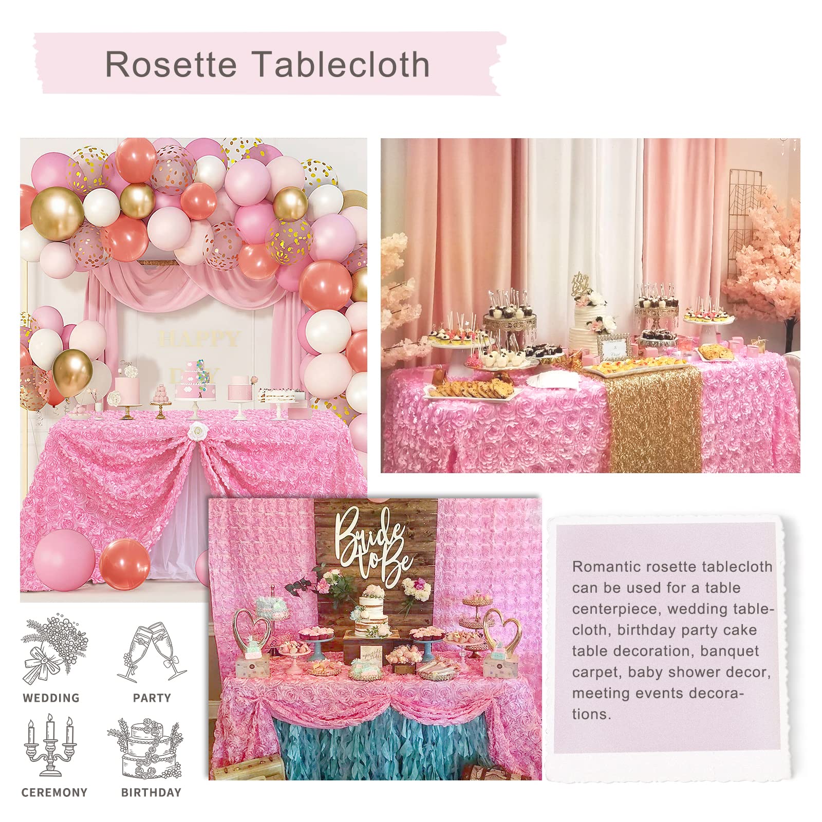 Fanqisi Pink Rosette Tablecloth 50x80 Inches - 3D Satin Rectangle Table Cover for Wedding, Birthday Party, Reception - Elegant Dining Table Decoration for Home & Event Decor