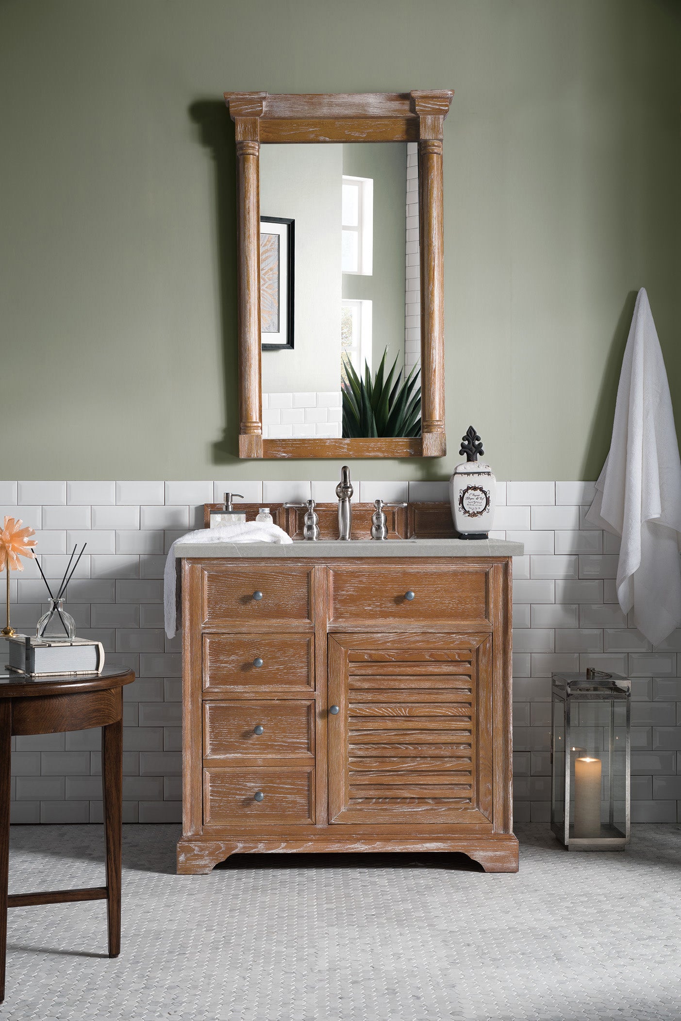 Savannah 36 Inch Single Vanity Cabinet with 3CM Eternal Serena Quartz Top - Driftwood Finish for Bathroom Makeover | Perfect for Modern & Farmhouse Style Homes