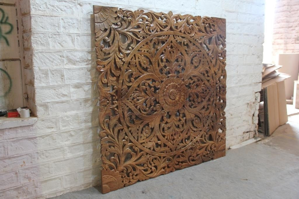 Handcrafted Dynasty Carved Wooden Wall Panel Headboard - Natural Solid Wood Queen Size Bed Headboard for Master Bedroom & Guest Room Decor