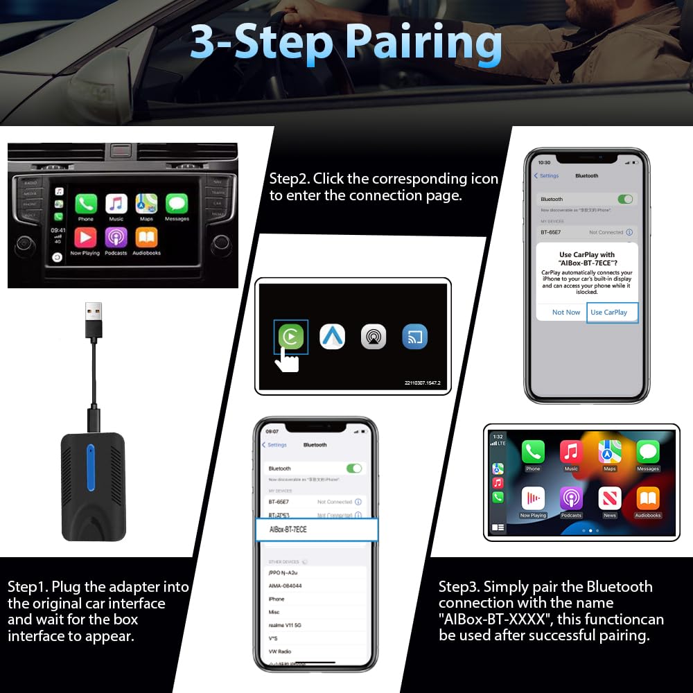 2024 Upgraded 4-in-1 Wireless Car Adapter - Plug & Play USB-A/C to C Cables for Factory Wired CarPlay, Android Auto, AirPlay & MirrorLink | Seamless Smartphone Connectivity for Safer Driving & Hands-Free Navigation