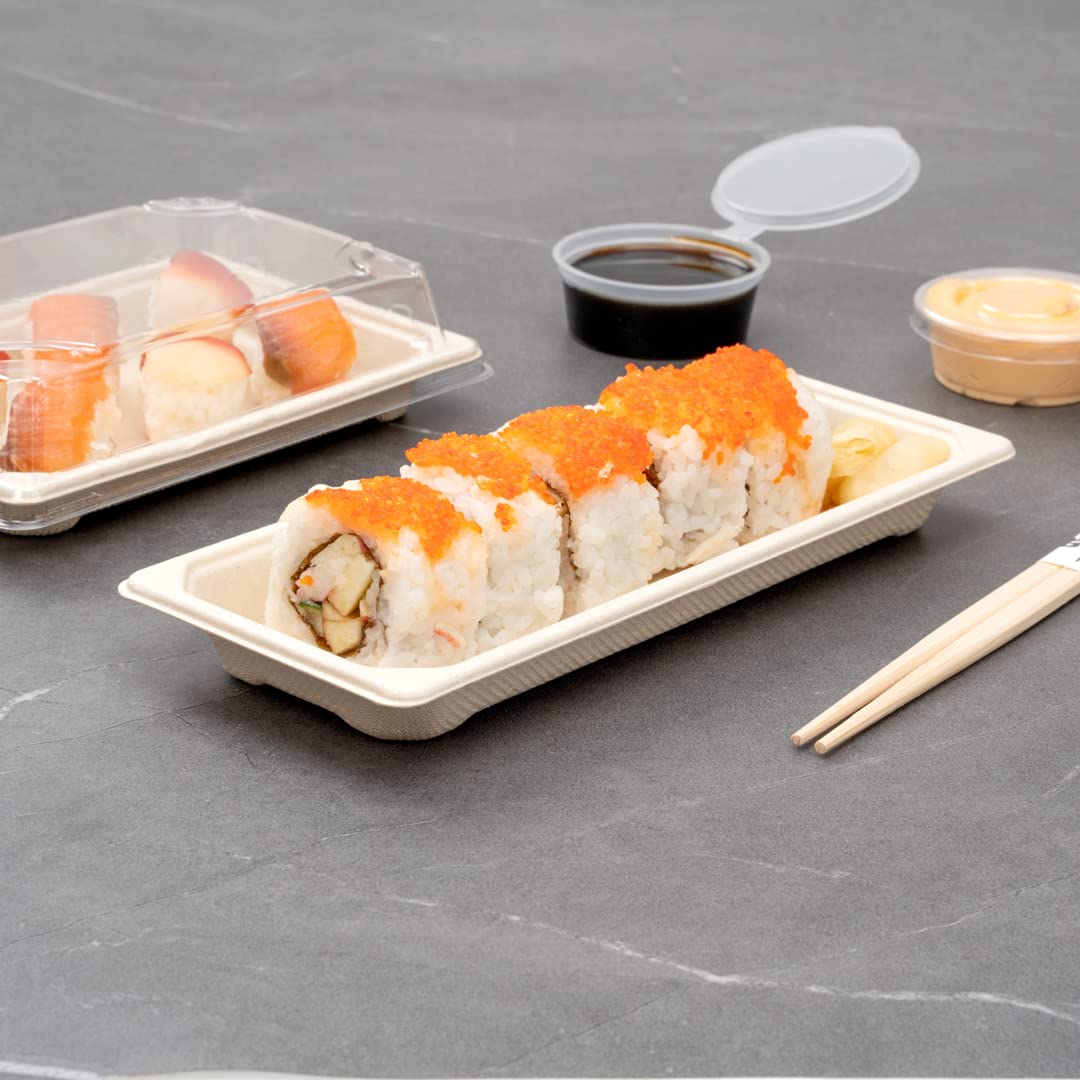 Eco-Friendly 8.7 x 3.5 Inch Microwavable Bagasse Sushi Trays - 100-Pack Sugarcane Fiber Dishes, Freezer Safe (Lids Sold Separately) | Perfect for Restaurants, Catering & Home Sushi Parties