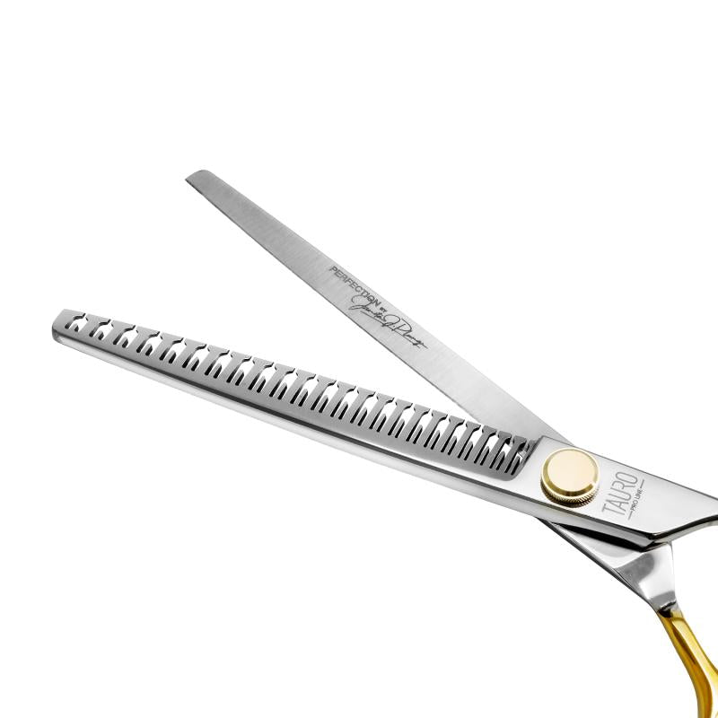 Tauro Pro Line Hair Cutting Scissors - 440C Stainless Steel, 23 Teeth, Golden Handles - Perfect for Thinning & Chunking by Janita J. | Professional Salon & Home Haircutting Tools
