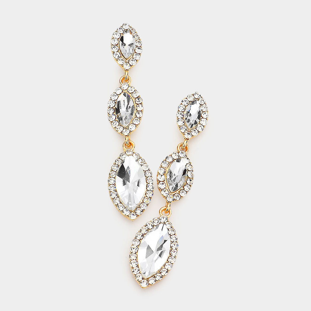 Elegant Clear Crystal Triple Marquise Drop Dangle Earrings in Gold - Perfect for Pageants, Prom, and Formal Events | 563192