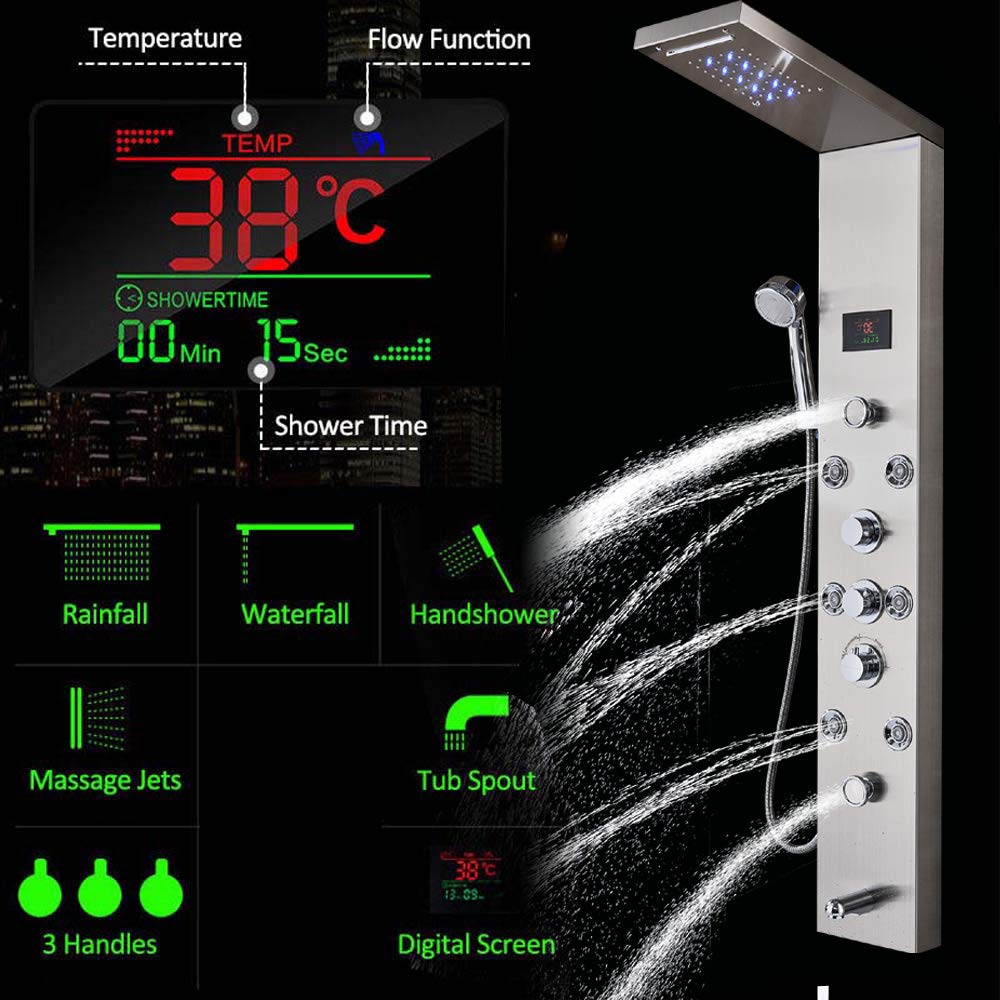Premium Wall Mounted Bathroom Shower Panel Tower System - 8 Function LED Rainfall Showerhead, Massage Jets, Handheld Shower & Brushed Nickel Finish for Spa-Like Luxury Shower Experience | Perfect for Master Bathroom Renovation & Modern Home Upgrade
