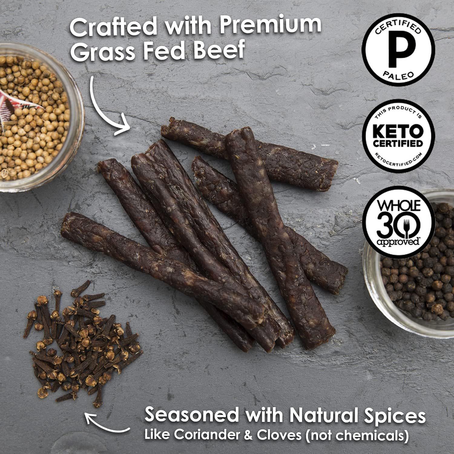 Grass-Fed Beef Paleo Sticks - Keto, Low Carb, Gluten Free, Nitrate Free, No Sugar Protein Snacks (2oz, Pack of 3) | Perfect for Hiking, Camping & On-the-Go Nutrition