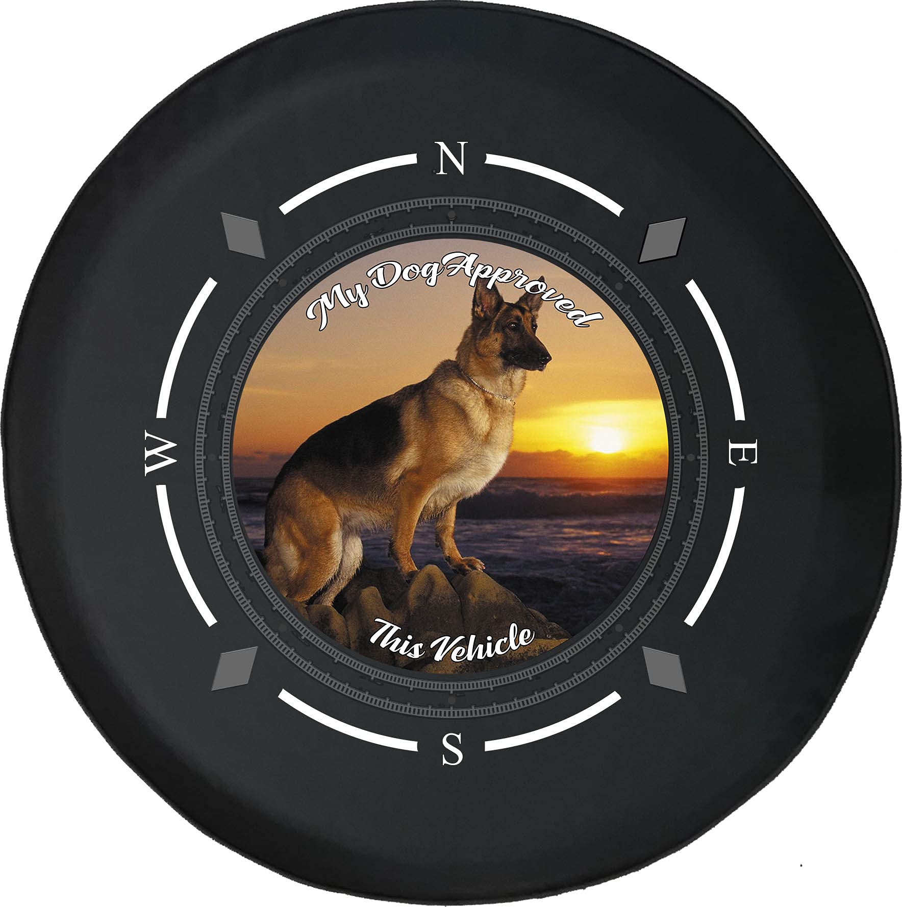 American Unlimited Spare Tire Cover with Compass - Dog Approved German Shepherd Design | Universal Fit for SUV, Trailer, RV & Most Vehicles | Durable Wheel Protection for Off-Road Adventures & Camping Trips