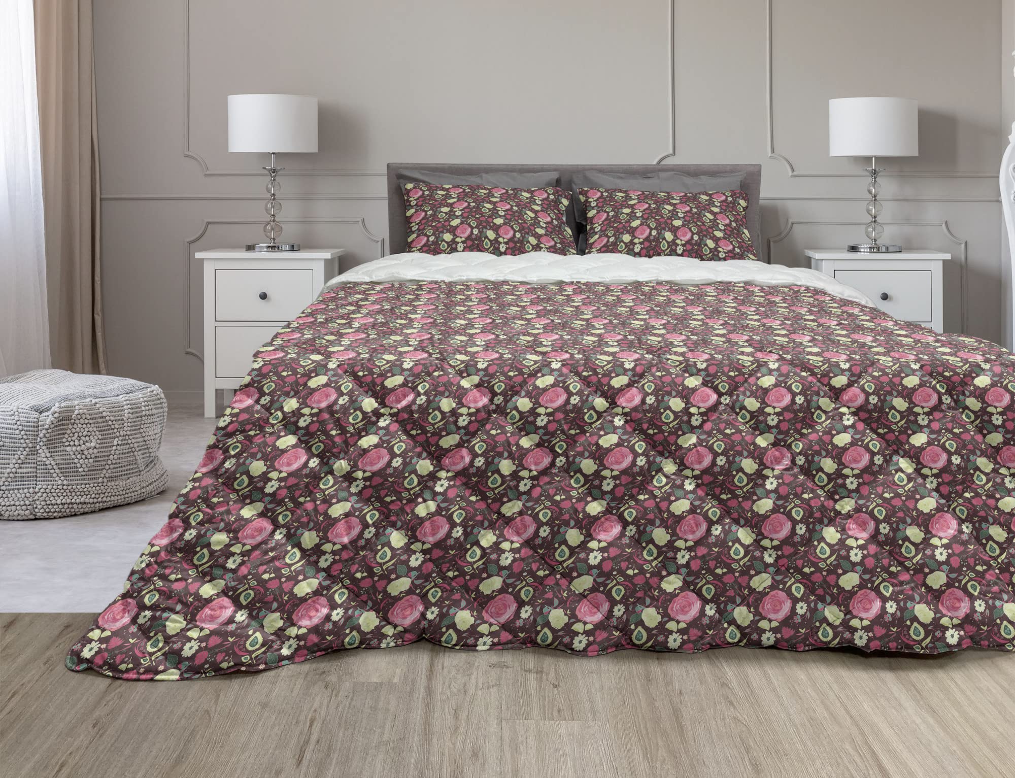 Ambesonne Floral Comforter & Sham Bedding Set - Wild Flower Roses Leaves Design, 2-Piece Microfiber Duvet Cover Set, Twin Size, Dark Mauve & Pastel Pink - Perfect for Bedroom Decor, Guest Room, Dormitory & Cozy Home Styling