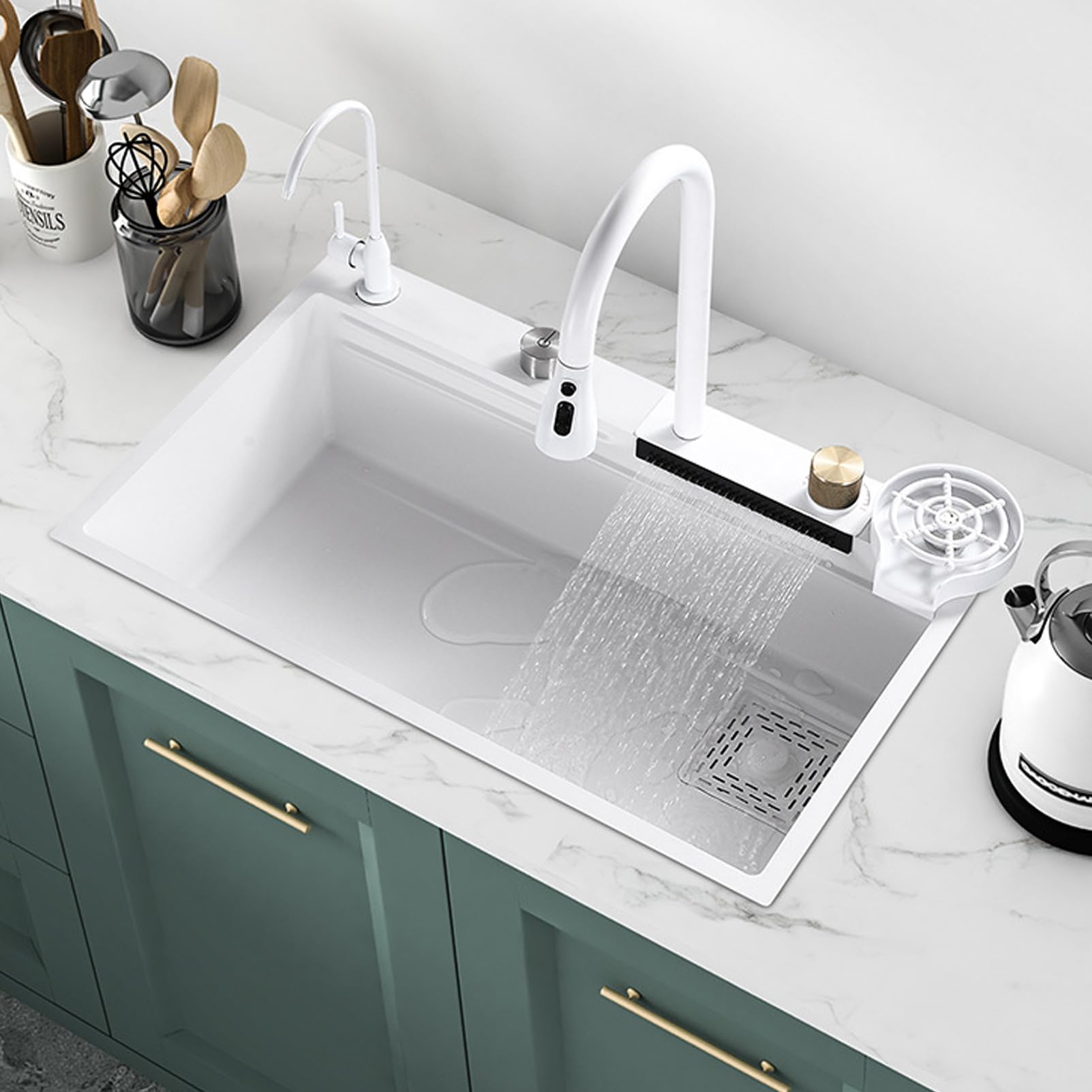 TRAGLO White Waterfall Kitchen Sink with Removable Faucet - Large Single Bowl Stainless Steel Sink Workstation (80x45cm) with Multiple Accessories - Perfect for Modern Kitchens, Restaurants & Food Prep Areas