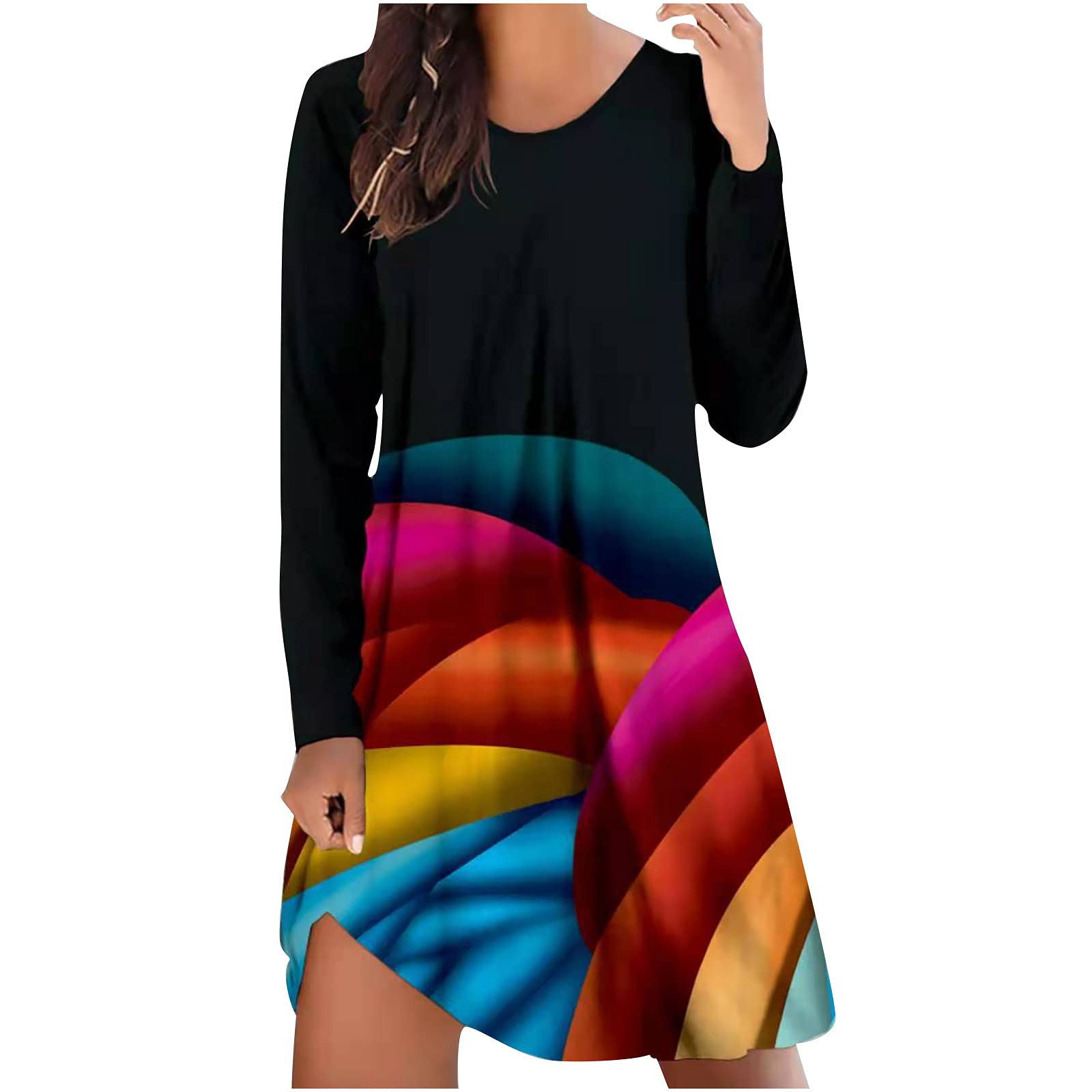 SHENYANGWA Women's Floral Print Casual Sundress - Long Sleeve Round Neck Loose T-Shirt Dress for Wedding Guest, Party, Beach & Everyday Wear