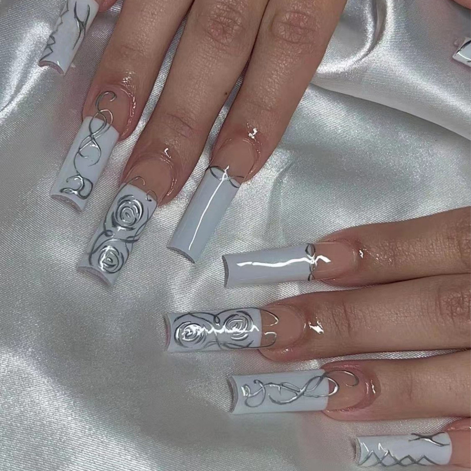 24Pcs Extra Long Ballet False Nails with Rhinestone - Acrylic Square Press on Nails with Heart Designs for Women | Perfect for Parties, Weddings, and Special Occasions