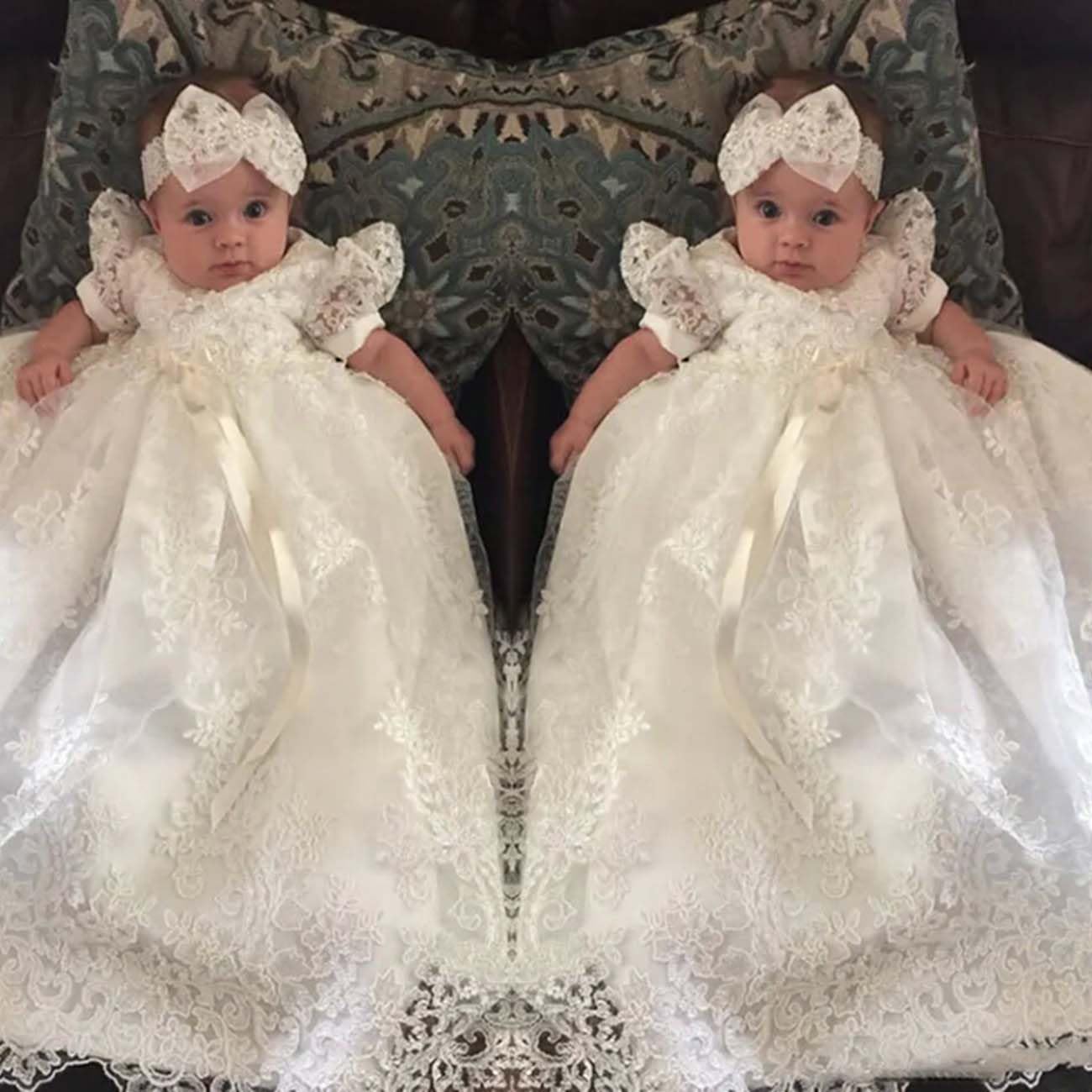 Lace Christening Baptism Dress for Baby Girls - Elegant Long Sleeve Baptism Gown with Headband - Perfect for Christening, Baptism, First Communion & Special Occasions