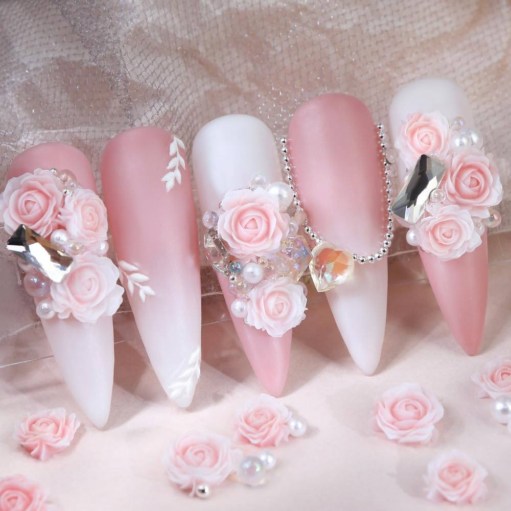 100PCS 3D Flower Nail Charms - Red Pink Purple Green Resin Acrylic Rose Nail Art Decorations for DIY Manicure | Spring & Mother's Day Nail Design for Women & Girls | Perfect for Parties, Weddings, and Special Occasions