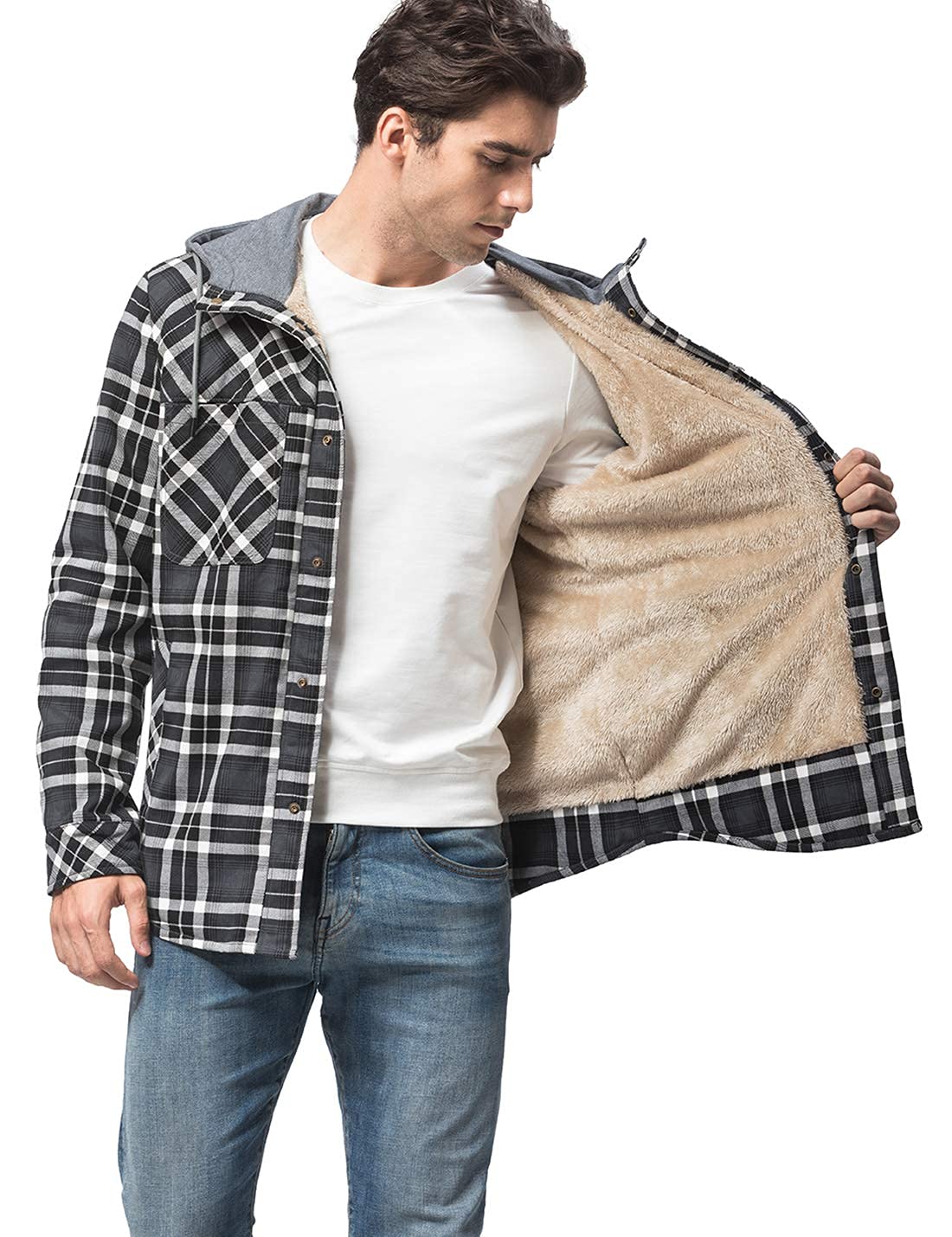 PEHMEA Men's Cotton Plaid Flannel Shirt Jacket - Fleece Lined Sherpa Hooded Button Down for Winter (Gray, Large) | Outdoor Work & Casual Wear