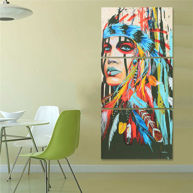 3Pcs Indian Woman Canvas Wall Art - Colorful Feather Decorative Mirror Paintings for Living Room, Bedroom & Office Modern Home Decor