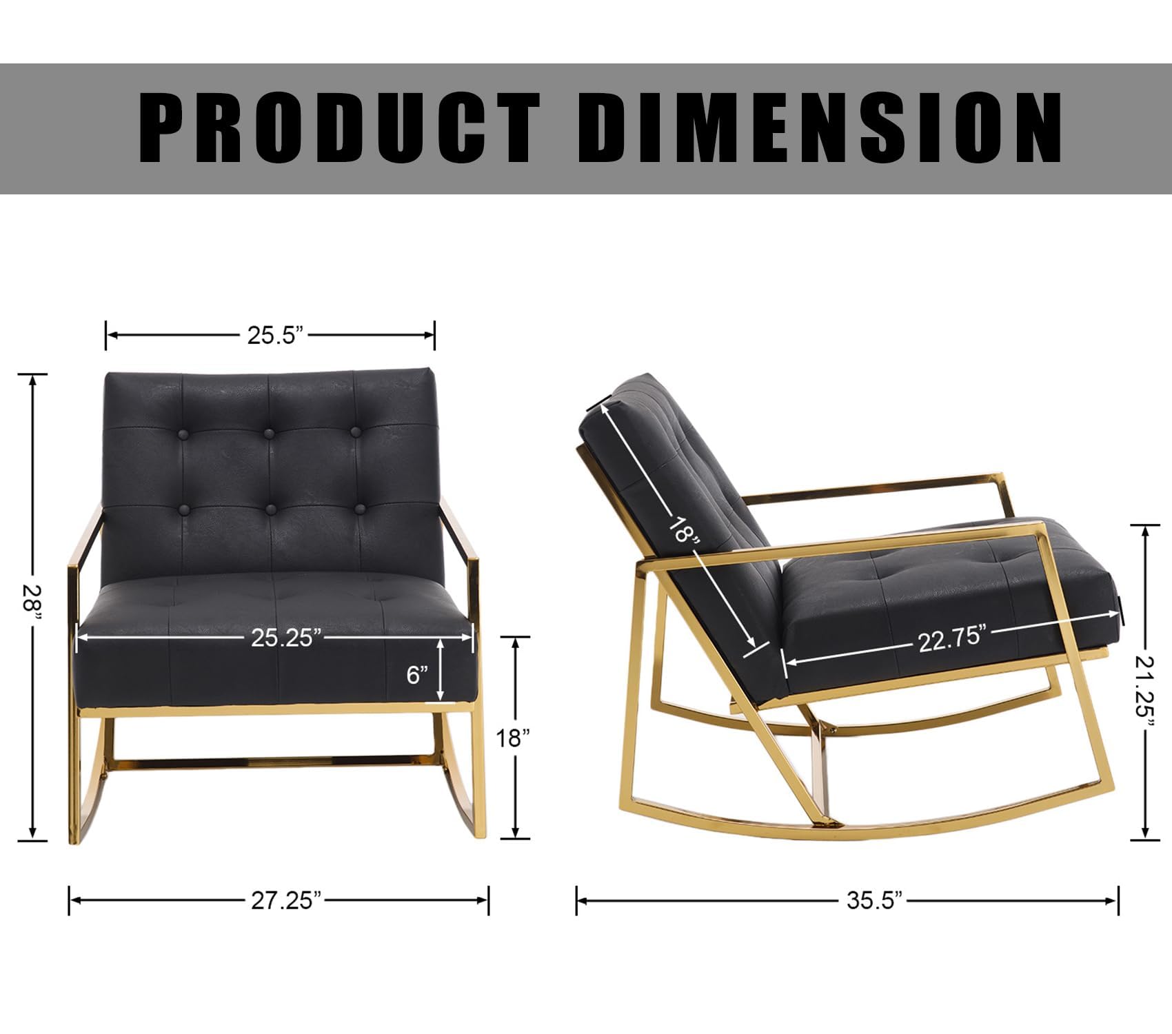 2 Pack PU Leather Rocking Recliner Chairs with Gold Metal Base - Modern Glider Rocker for Nursery, Living Room & Bedroom - Wide Comfy Reading Accent Chair for Indoor Use (Black)