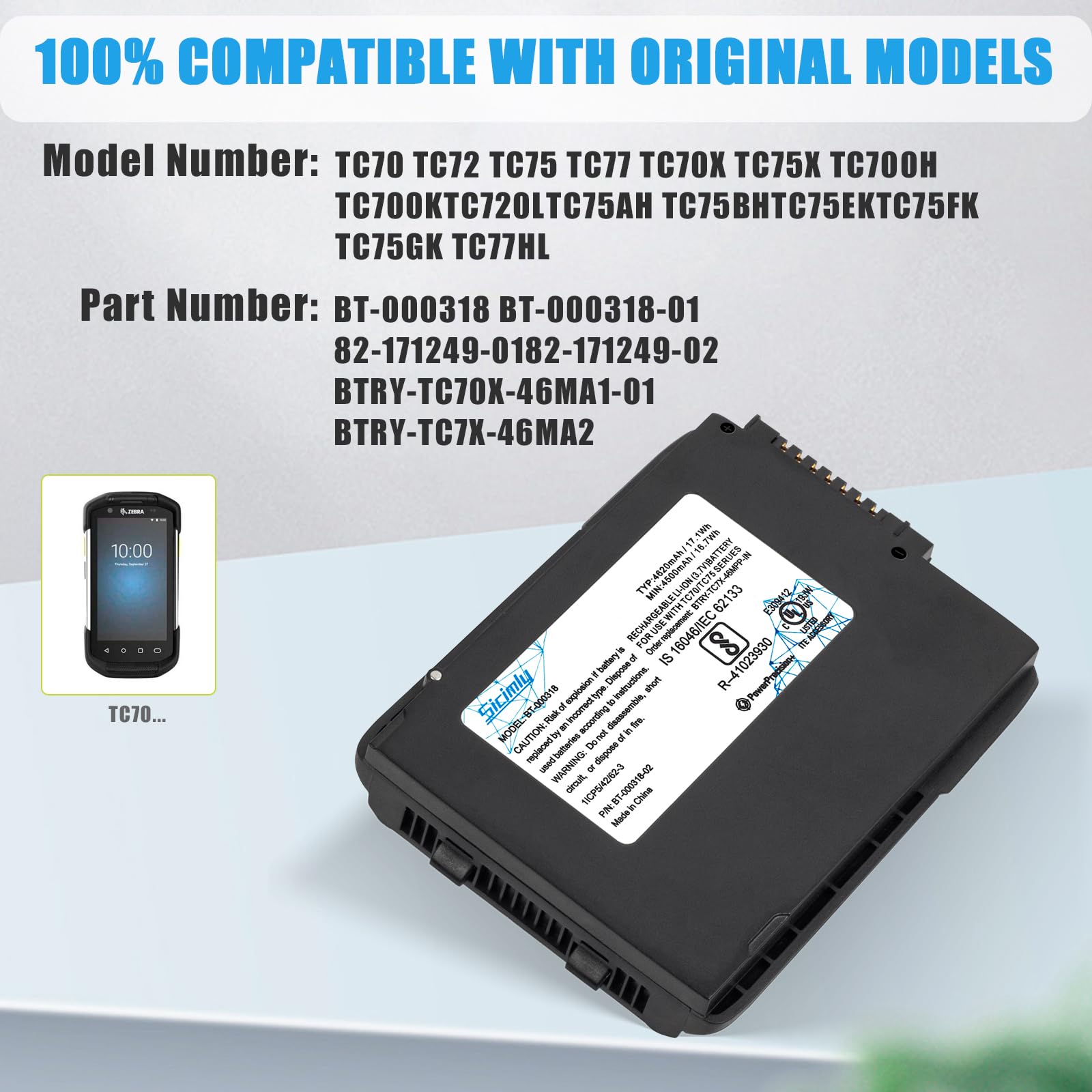 10pcs 4620mAh Replacement Batteries for Zebra Symbol TC70 TC75 TC72 TC77 TC70X - Compatible with BT-000318, 82-171249-01, 82-171249-02, BTRY-TC70X-46MA1-01, BTRY-TC7X-46MA2 - Long-Lasting Power for Barcode Scanners in Retail, Warehousing & Logistics