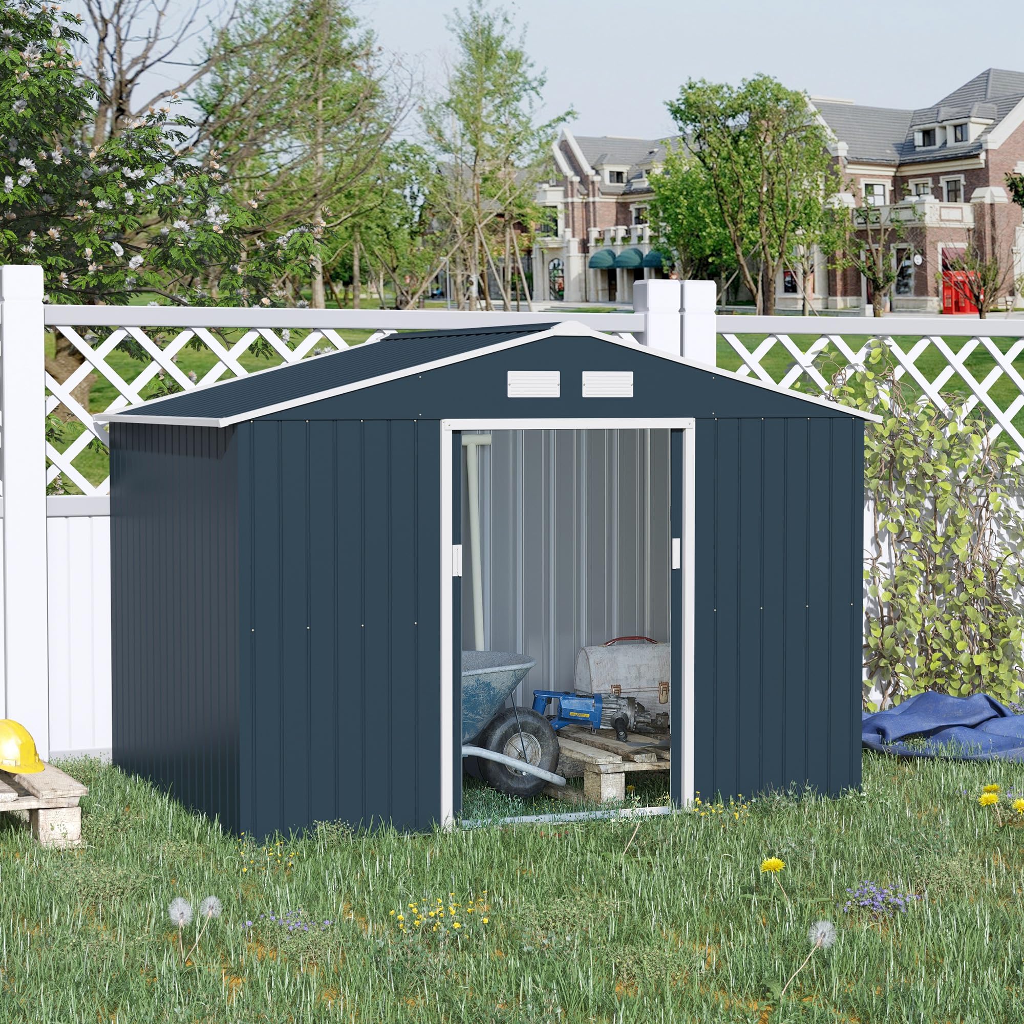 Outsunny 9' x 6' Outdoor Storage Shed - Heavy Duty Metal Garden Tool Shed with Foundation Kit, Double Lockable Doors & Sloping Roof | Perfect for Backyard, Patio, Lawn Organization & Seasonal Storage | Dark Gray Weather-Resistant Design