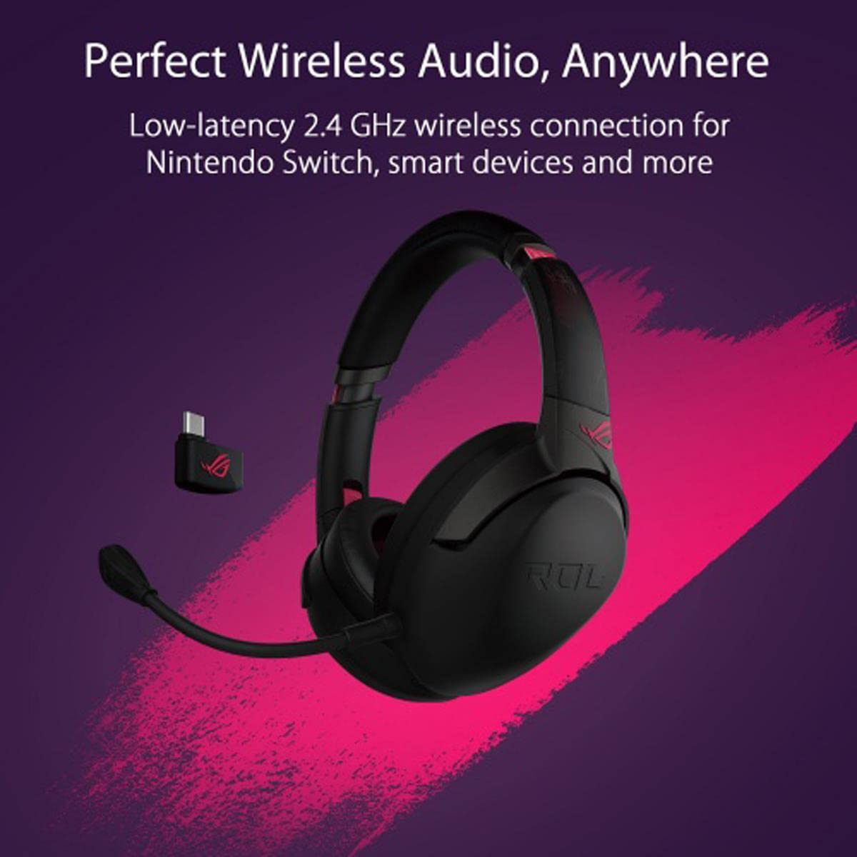 ASUS ROG Strix Go 2.4 Electro Punk Wireless Gaming Headset with USB-C 2.4GHz Adapter | AI Noise-Cancelling Mic | Over-Ear Headphones for PC, Mac, Nintendo Switch & PS4 | Perfect for Competitive Gaming & Streaming