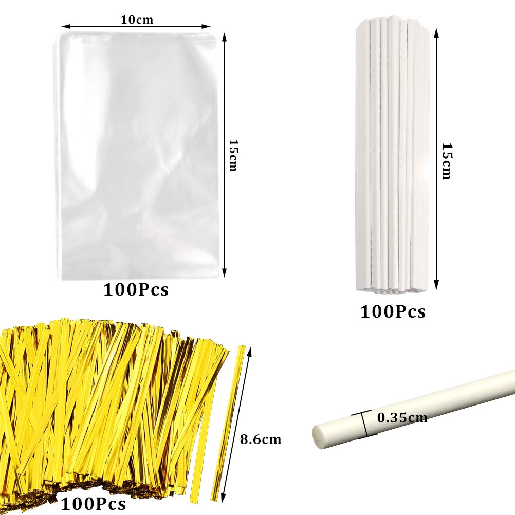 FOCCTS 300Pcs Cake Pop Sticks & Wrappers - 6 Inch Paper Lollipop Sticks with Gold Twist Ties - Perfect for Cake Pops, Lollipops, Hard Candy, Cookies, Chocolate & Party Treats - Great for Birthday, Wedding & DIY Dessert Decorations