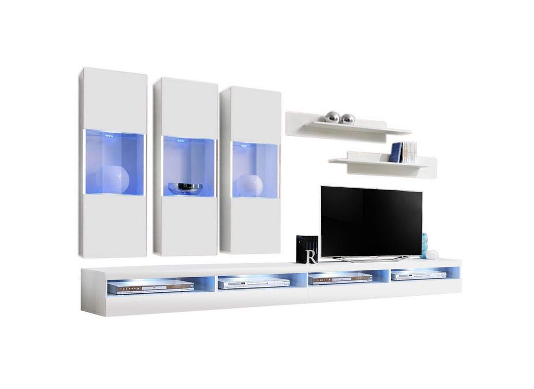 Modern White Wall-Mounted TV Stand with Storage Shelves & LED Lights - E2 35TV Entertainment Center Console for Bedroom & Living Room - Perfect for Small Spaces, Apartments & Home Theater Setup