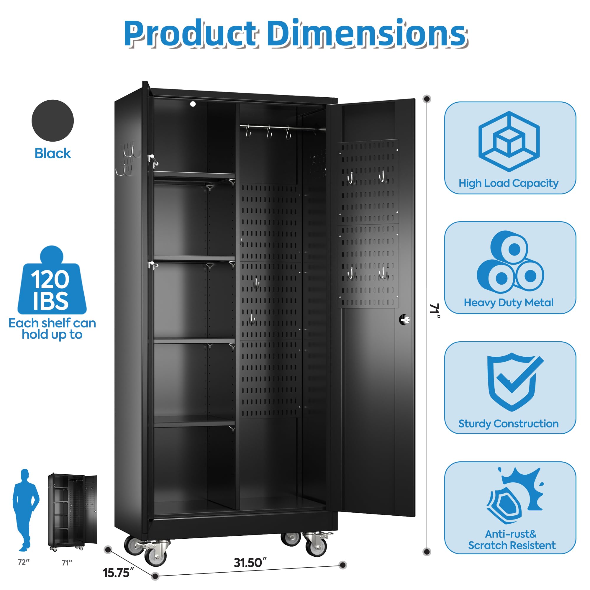 Heavy Duty Metal Garage Storage Cabinet with Wheels - 71