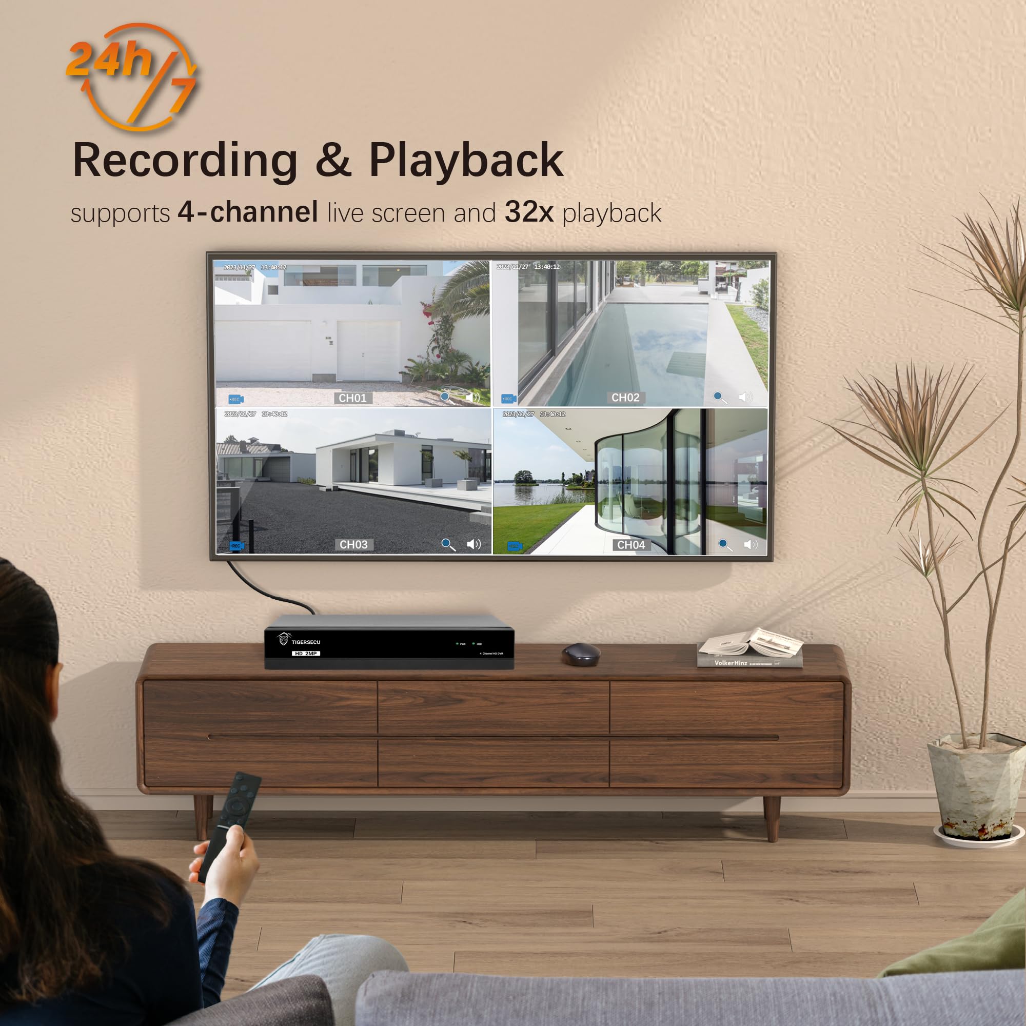 TIGERSECU 4 Channel 1080P HD Hybrid 6-in-1 CCTV DVR Recorder with 1TB HDD - Compatible with 2MP/5MP TVI, AHD, CVI, Analog & IP Cameras | Home & Business Security Surveillance System