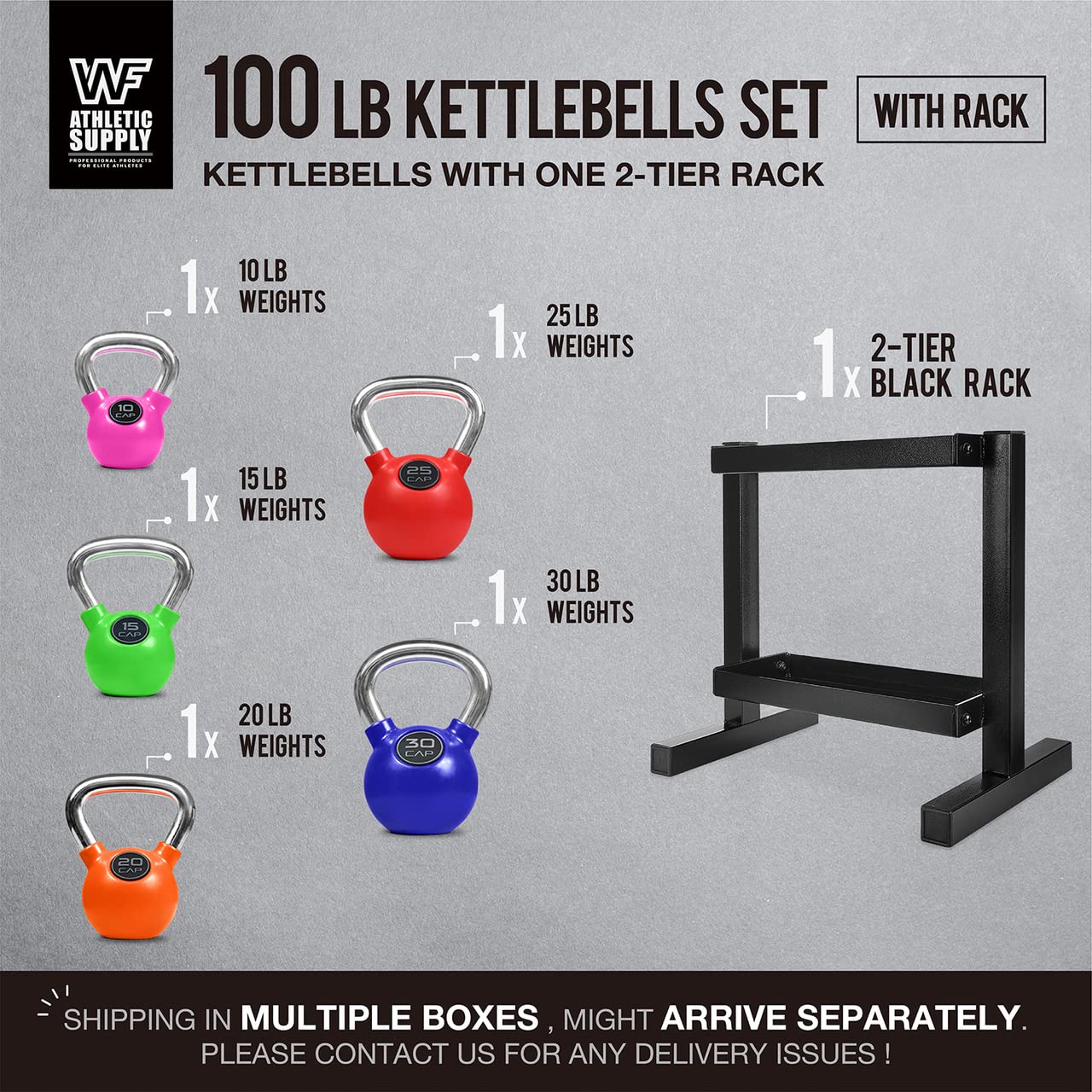 WF Athletic Supply Rubber Coated Kettlebell with Chrome Handle - 10lb to 35lb Single Kettlebells & 100lb to 135lb Kettlebell Sets with Rack - Perfect for Home Gym, CrossFit, Strength Training and Full Body Workouts
