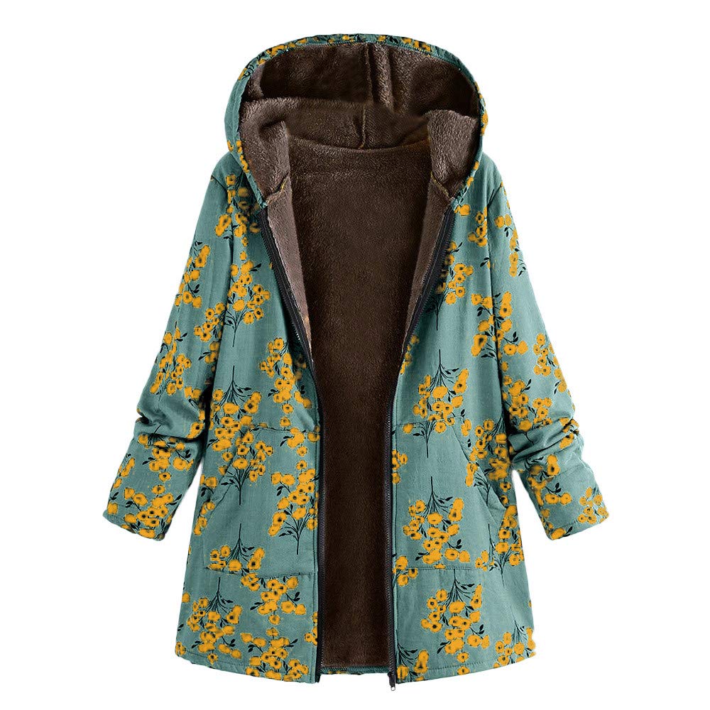 Women's Fleece Hoodies - Winter Warm Oversized Coat with Floral Print & Hooded Pockets | Vintage Style Cozy Outerwear for Casual Wear, Street Fashion & Cold Weather Protection