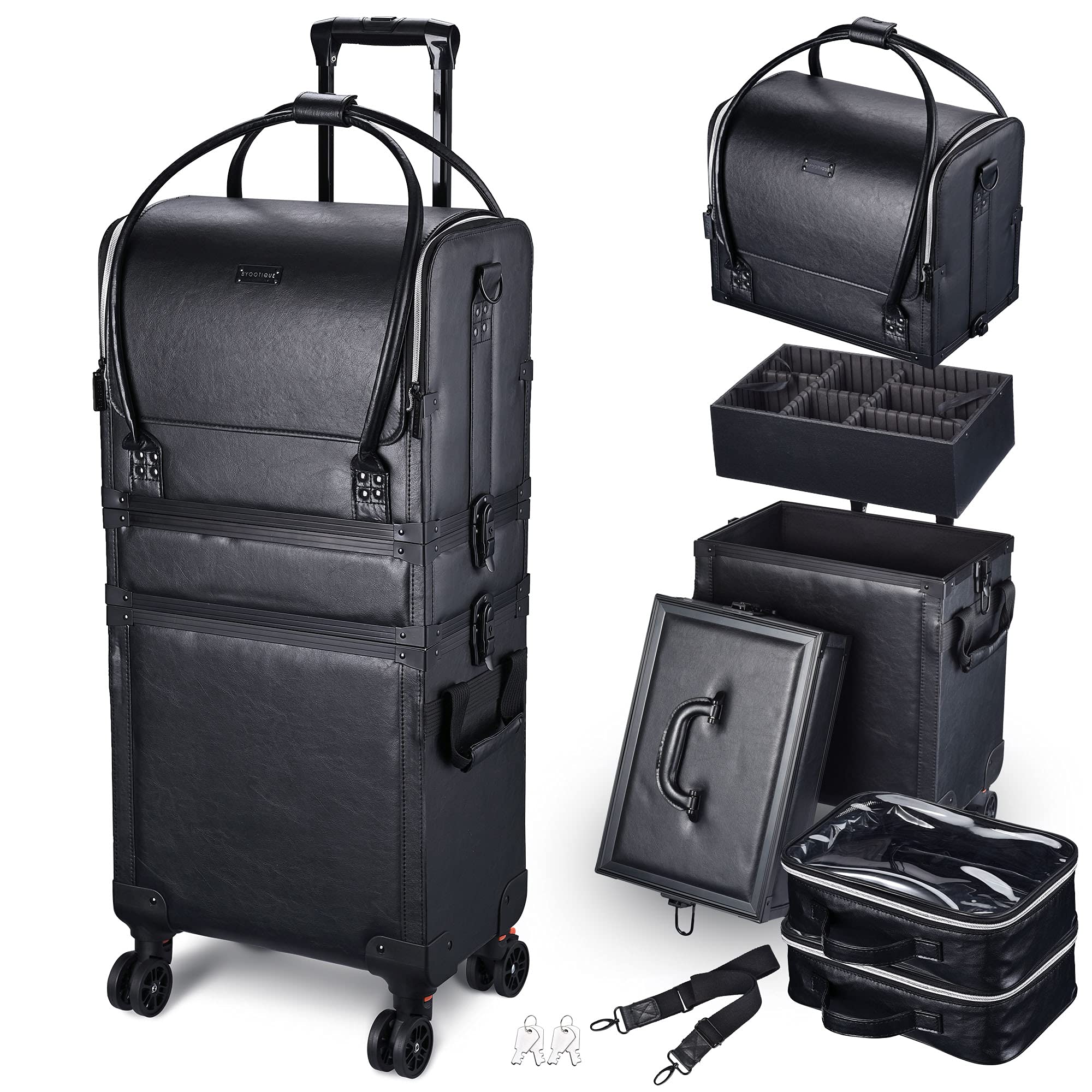 BYOOTIQUE 3-in-1 Rolling Makeup Case - Professional Lockable Cosmetic Trolley with Removable Organizer & Travel Bag - Classic Black for Makeup Artists, Salon Professionals & Travel - Perfect for On-the-Go Beauty Services, Bridal Makeup & Cosmetic Storage