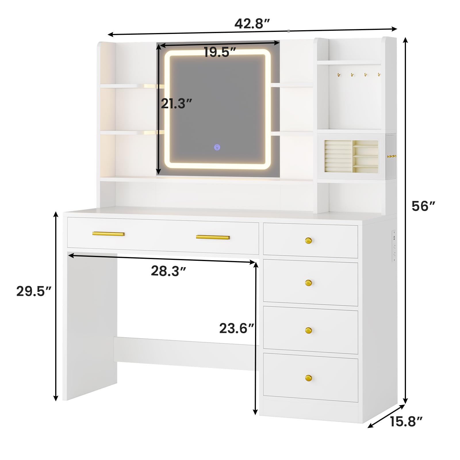 Modern White Makeup Vanity Desk with 3-Layer Jewelry Box, USB Charging Station & Touch Screen LED Mirror - 6 Drawers, Shelves & Hooks for Bedroom Organization - Perfect for Beauty Routines & Jewelry Storage