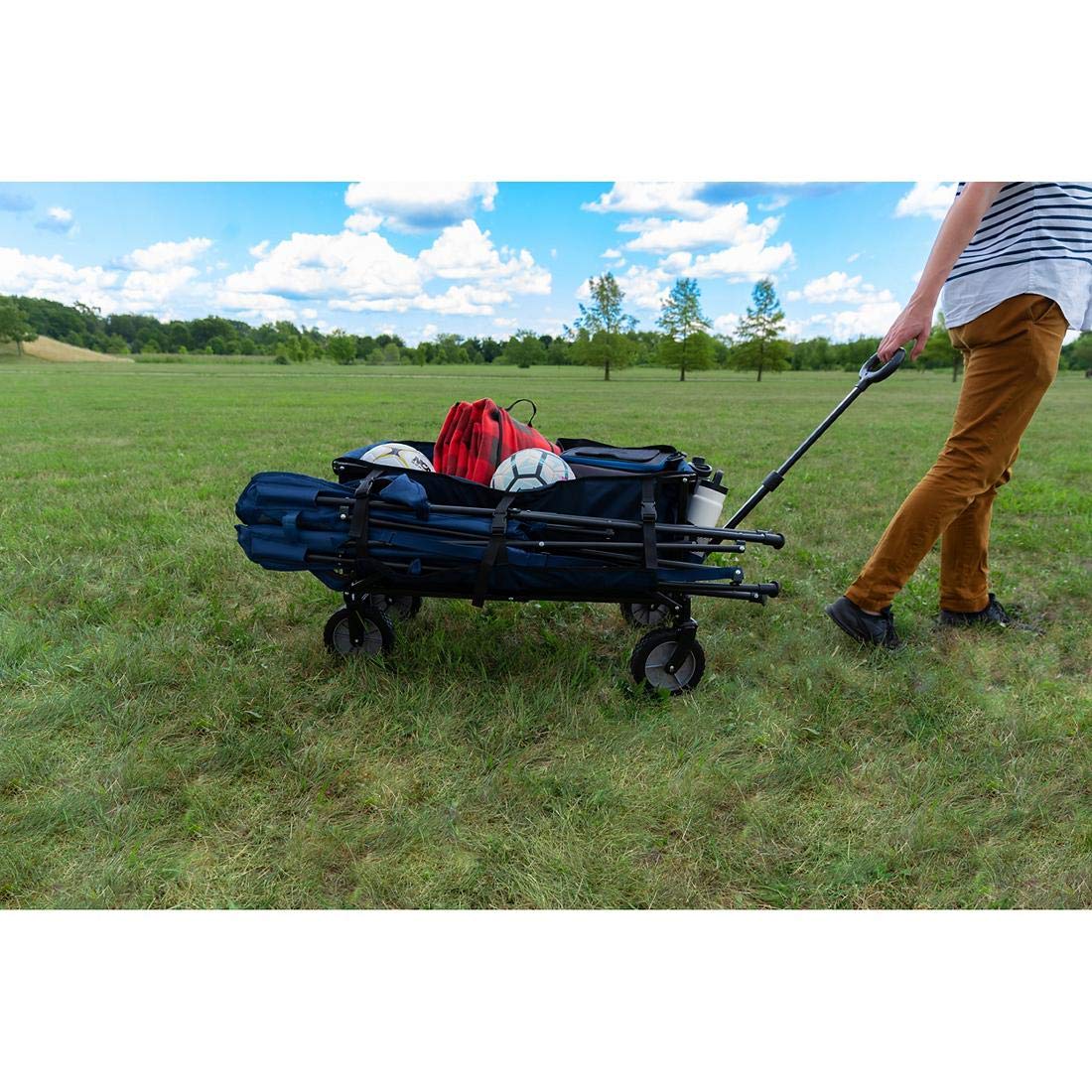 Foldable Wagon Cart with Removable Wheels, Cup Holders & Chair Storage - Navy Blue Collapsible Utility Wagon for Beach, Camping, Picnics & Outdoor Adventures