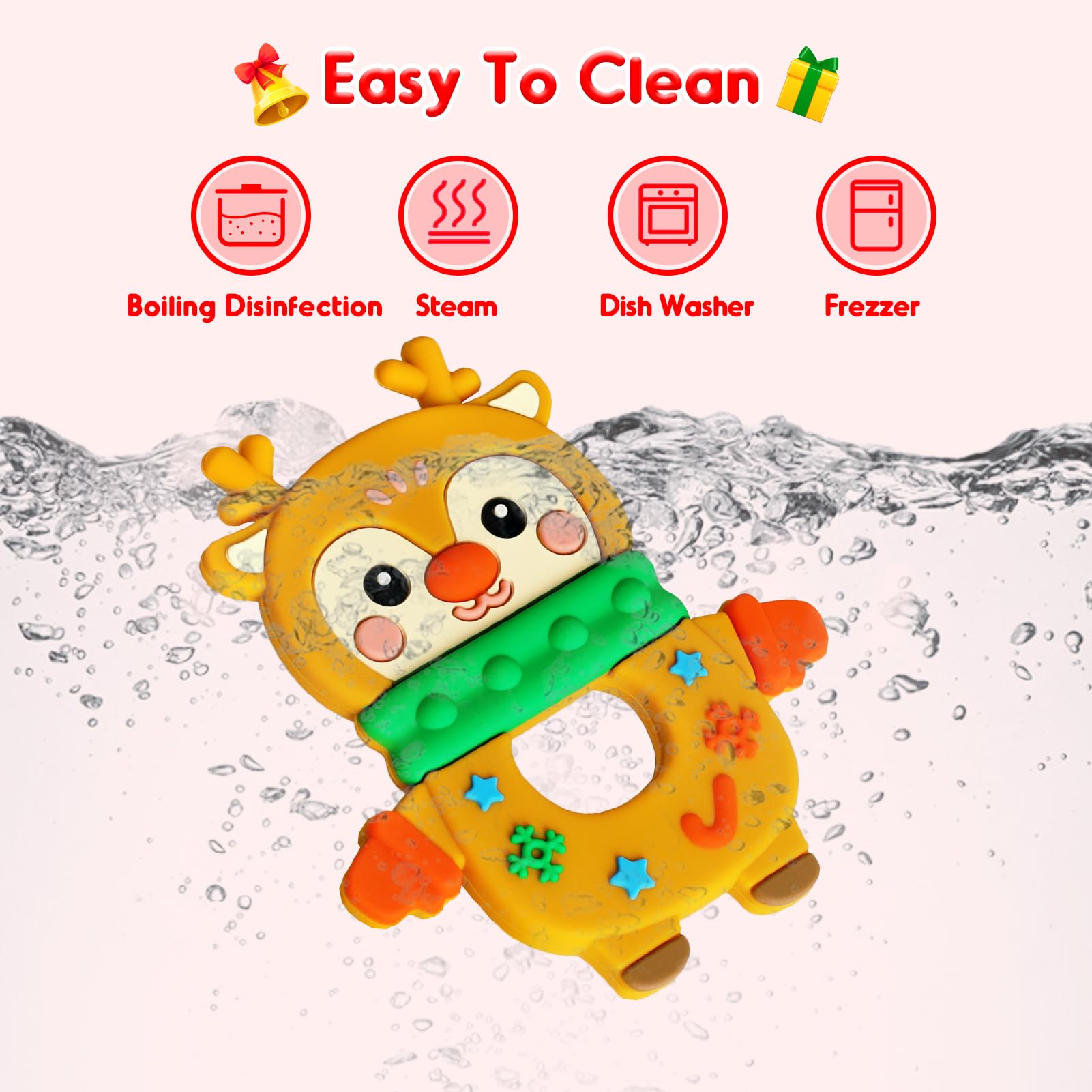 NPET Christmas Deer Baby Teething Toy for 3-12 Months - Soft & Safe Holiday Infant Gifts for Boys & Girls - Cute Deer Themed Teether for Soothing Sore Gums - Perfect for Christmas Stocking Stuffers, Baby Showers & First Birthday Presents