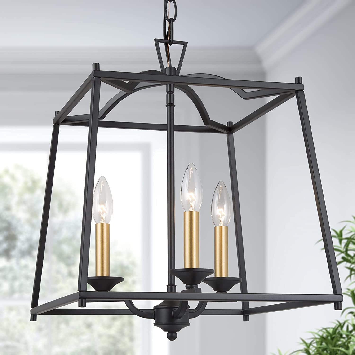 Modern Black Chandelier with Gold Square Lantern - 3-Light Fixture for Dining Room, Bedroom, Living Room, Entryway & Kitchen Island - Elegant Large Ceiling Light for Home Decor & Interior Design