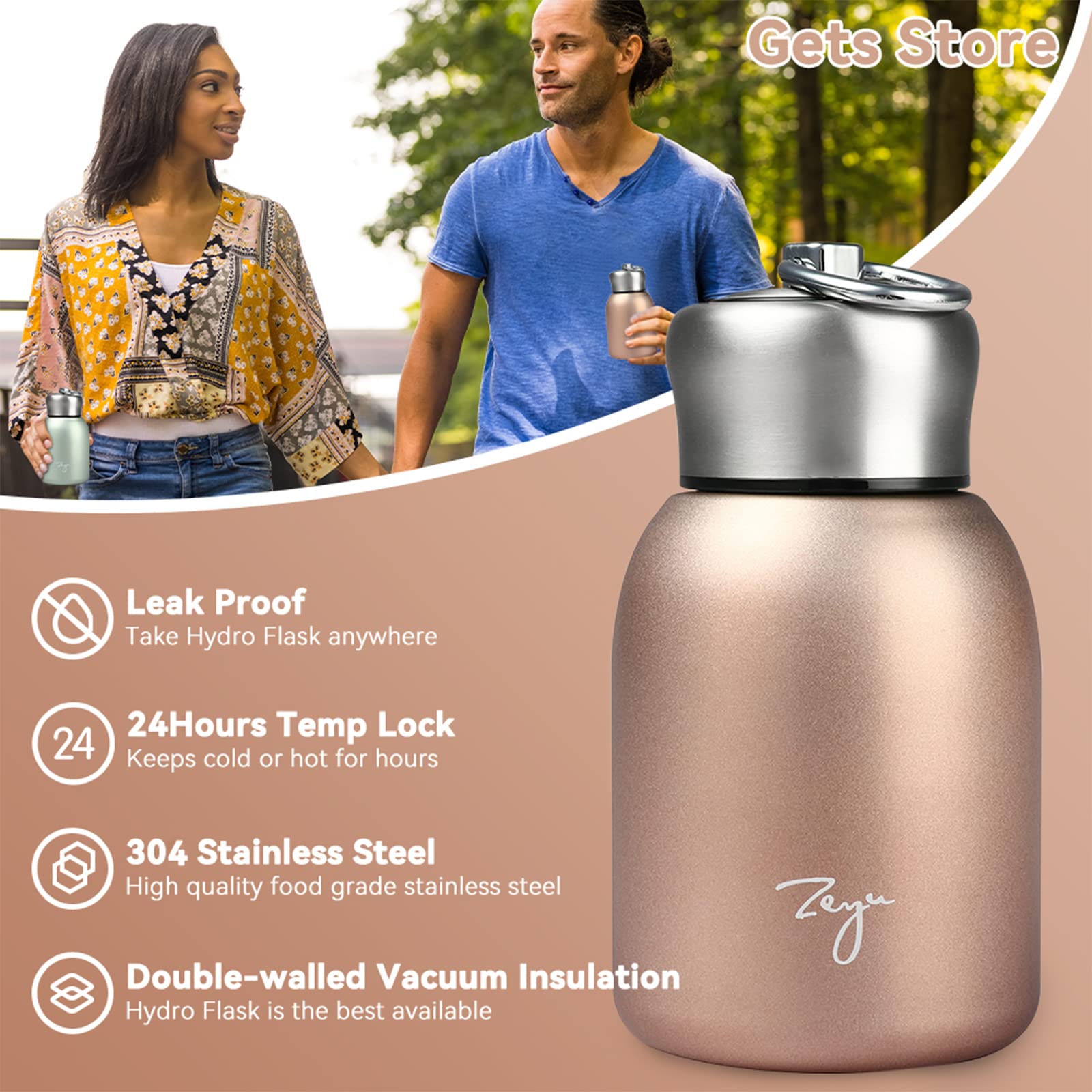 Gets Mini 9 oz (280ML) Stainless Steel Vacuum Insulated Water Bottle - Leak Proof, Keeps Hot & Cold - Rose Gold Sport Tumbler for Gym, Hiking, Office & Outdoor Activities