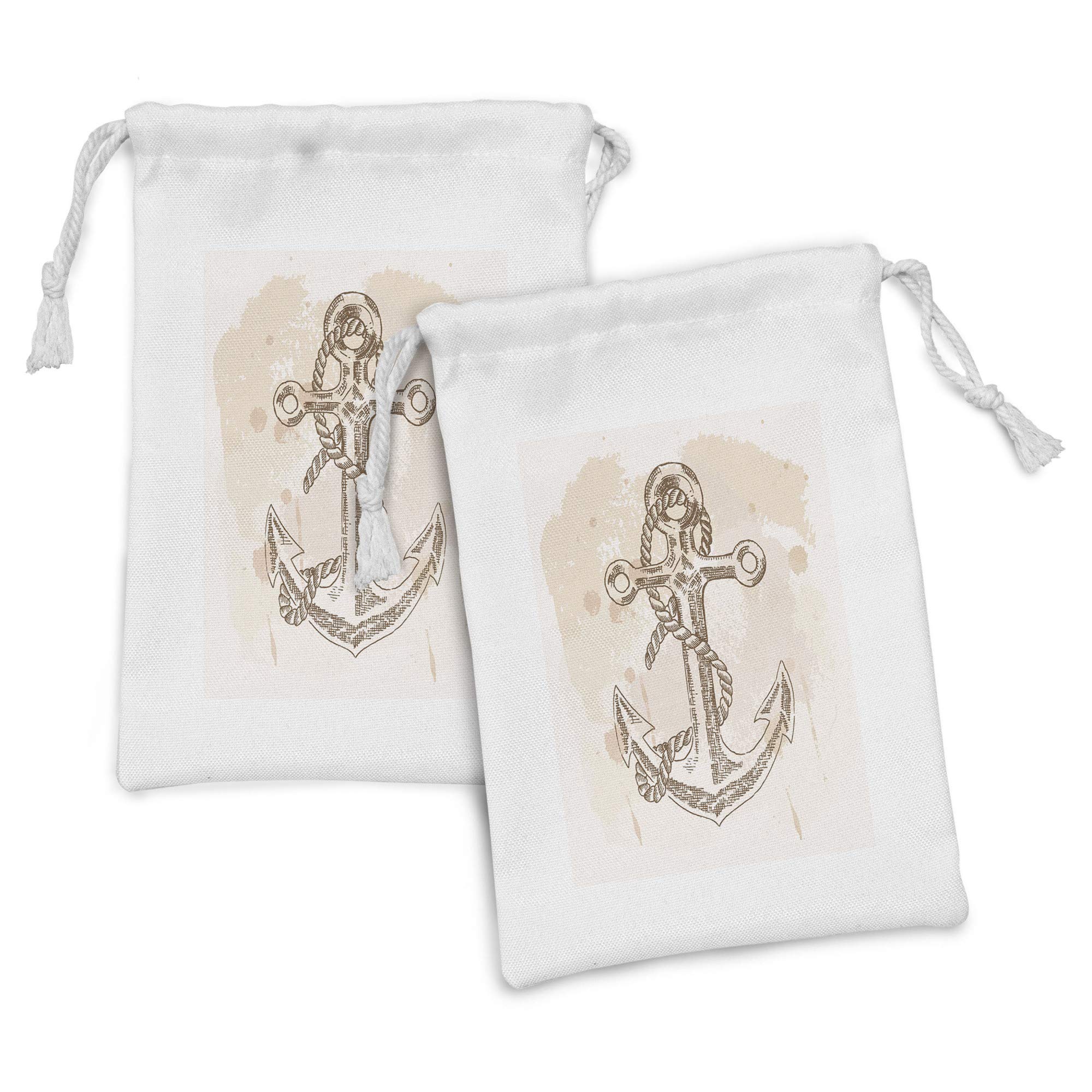 Ambesonne Anchor Fabric Pouch Set of 2 - Navy Blue & Brown Cream Drawstring Bags for Toiletries, Makeup, Jewelry & Travel Essentials (9