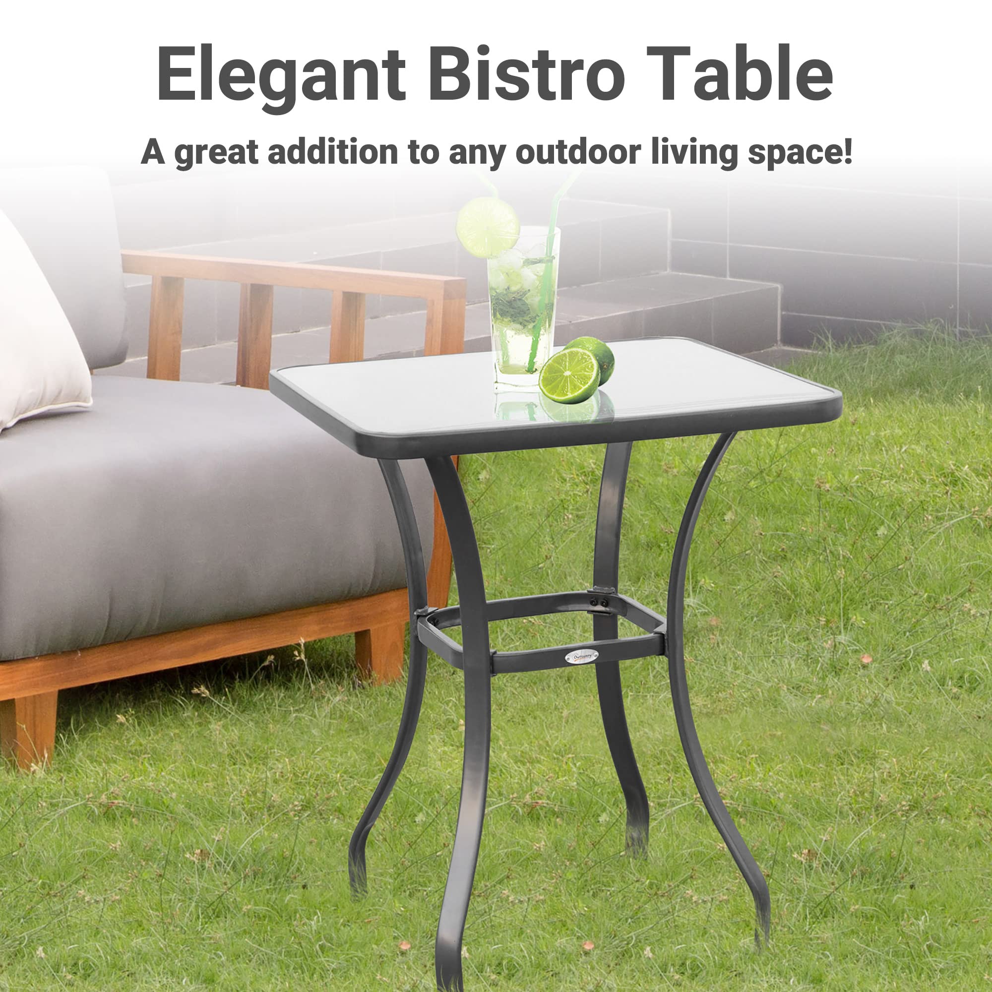 Outsunny 27 Inch Square Bistro Table - Outdoor Garden Dining Table with Tempered Glass Top for Patio, Balcony, and Backyard Relaxation